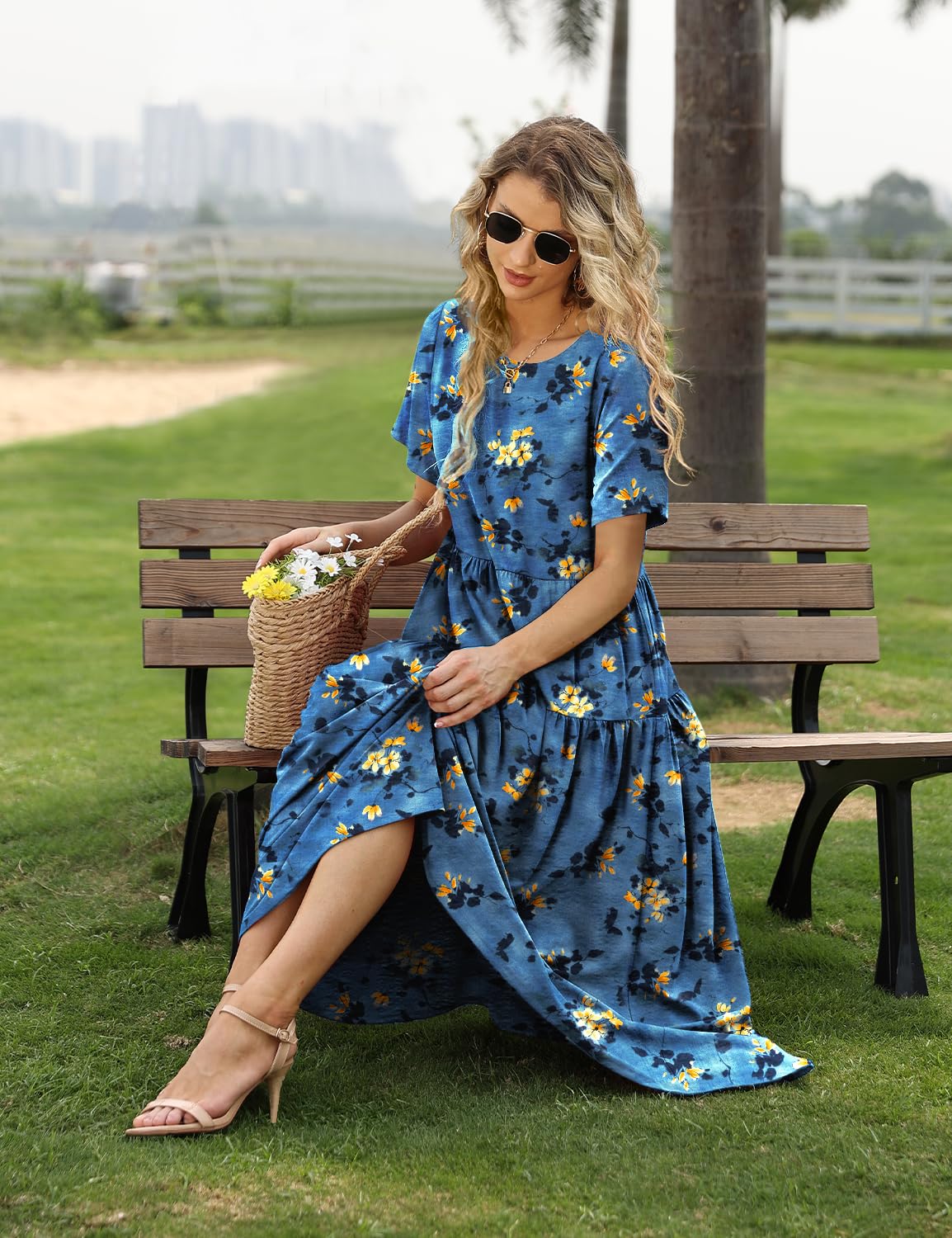 YESNO Women Casual Loose Bohemian Floral Dress with Pockets Short Sleeve Long Maxi Summer Beach Swing Dress S EJF CR428