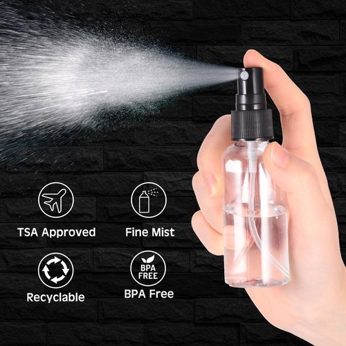 Roshtia 100 Pcs 2 oz Plastic Spray Bottles Mini Spray Bottles with Black Cap Clear Empty Fine Mist Spray Bottles Refillable Liquid Container Sprayer for Essential Oils Perfumes Travel Makeup