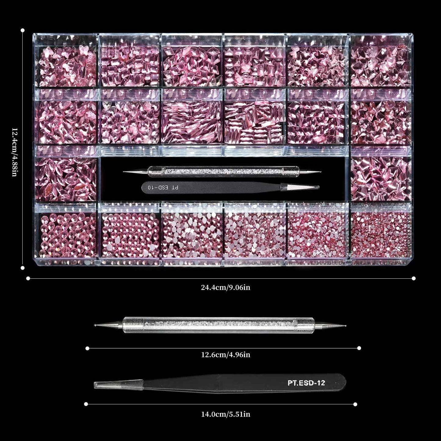 Yzzseven 14 Types of 700 Pink Diamonds + 1500 Flat Rhinestones Mix 20 Styles Flatback DIY Crafts Rhinestone Crystals 3D Ornament‌s Flat Back Stones Set + Tweezers + Drill Pen