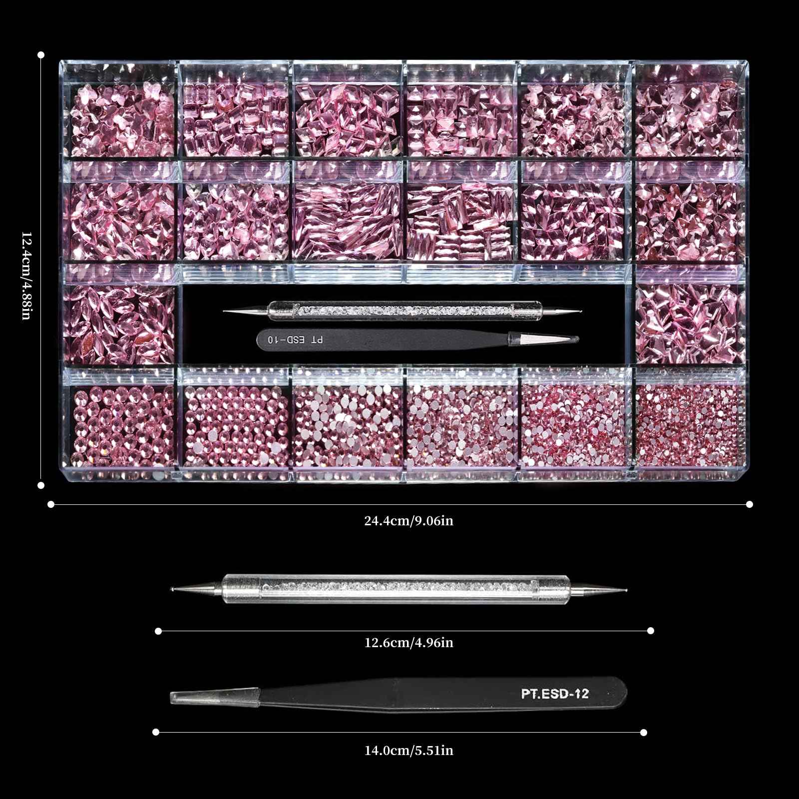 Yzzseven 14 Types of 700 Pink Diamonds + 1500 Flat Rhinestones Mix 20 Styles Flatback DIY Crafts Rhinestone Crystals 3D Ornament‌s Flat Back Stones Set + Tweezers + Drill Pen