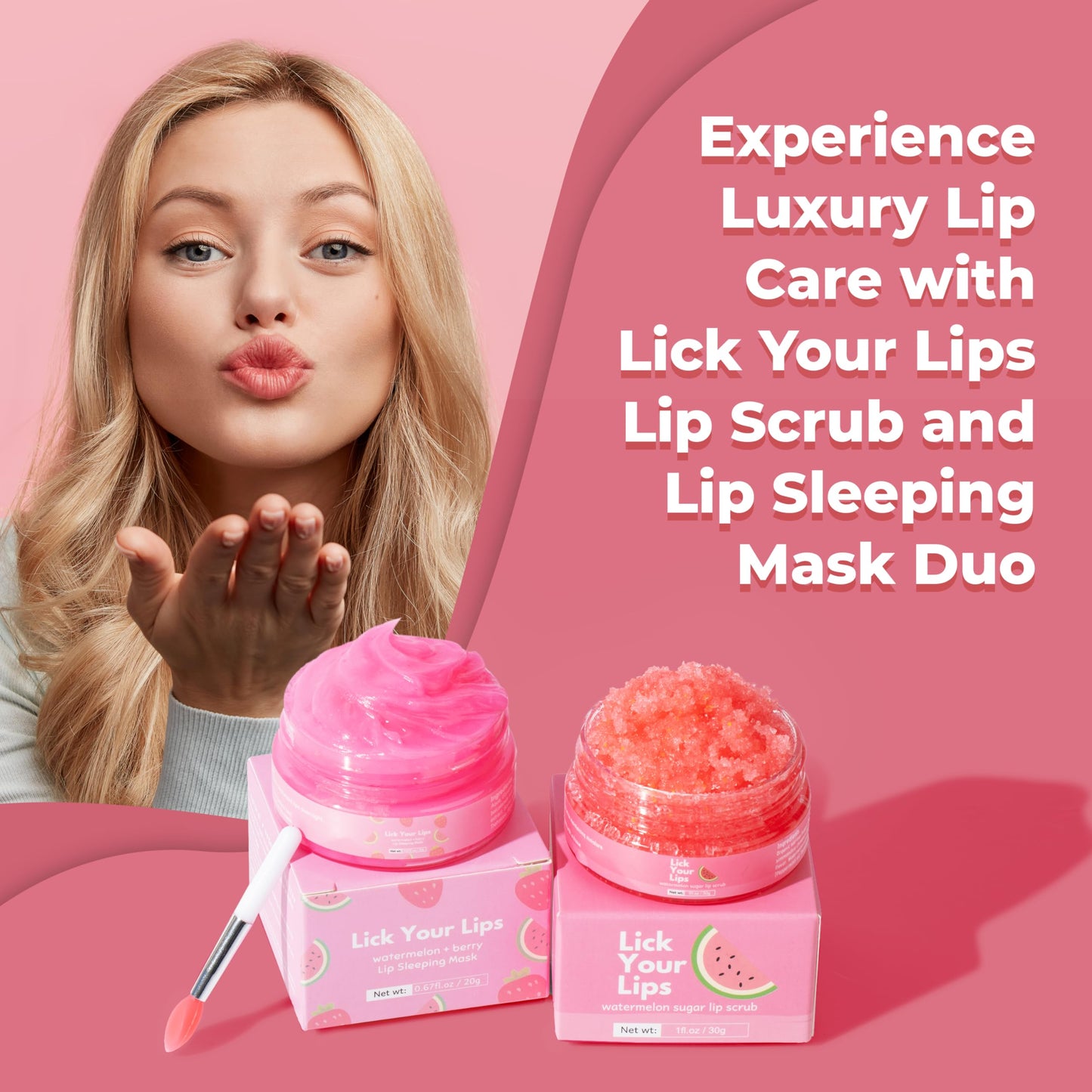 Lick Your Lips Watermelon Lip Scrub and Lip Sleeping Mask Duo to Exfoliate and Nourish Dry, Chapped Lips – Overnight Lip Care Kit to Achieve Soft, Luscious Lips