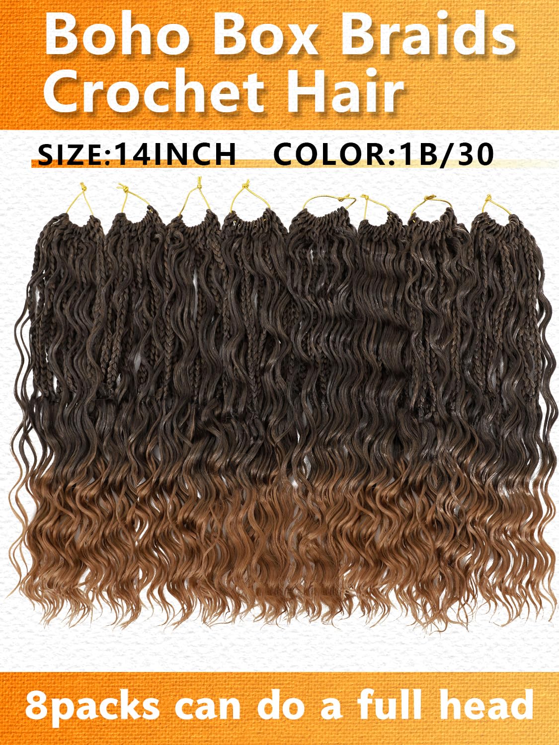 Goddess Box Braids Crochet Hair for Women 14 Inch 8 Packs Boho Crochet Box Braids with Curly Ends Bohemian Pre-looped Box Braids Crochet Braiding Hair Extensions(14inch,1B/30)