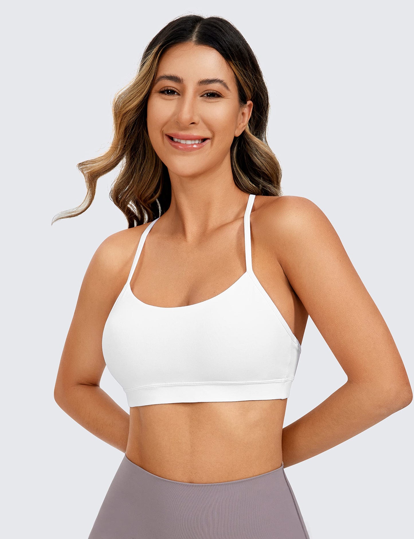 CRZ YOGA Butterluxe Womens Y Back Sports Bra - Padded Racerback Low Impact Spaghetti Thin Strap Workout Yoga Bra White X-Small