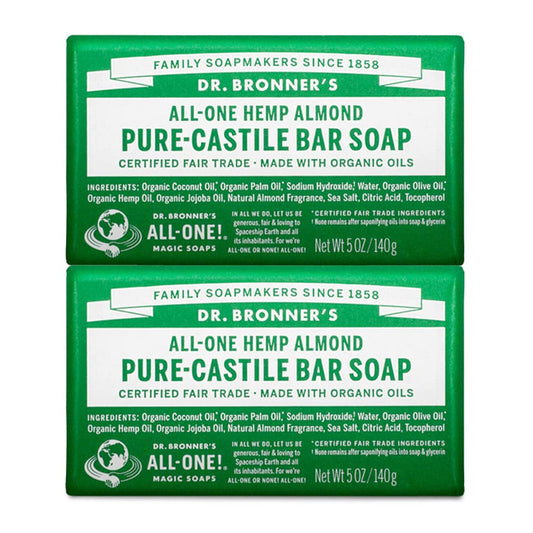 Dr. Bronner's - Pure-Castile Bar Soap (Almond, 5 ounce, 2-Pack) - Made with Organic Oils, For Face, Body and Hair, Gentle and Moisturizing, Biodegradable, Vegan, Cruelty-free, Non-GMO