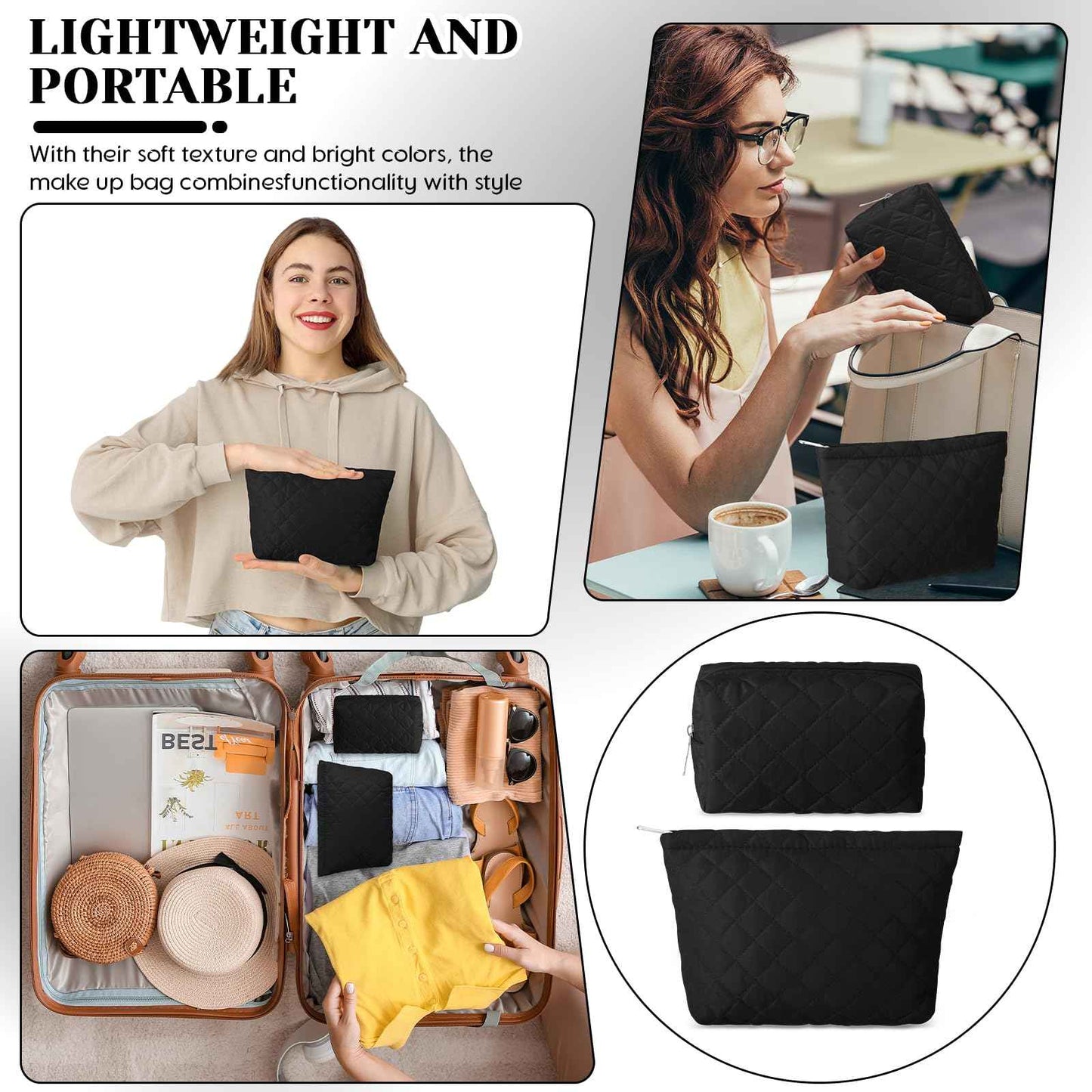 Huhumy 2 Pcs Pencil Case Quilted Makeup Bag Aesthetic Cosmetic Pouch for Women Puffer Travel Toiletry Bag Set Cotton Small Purse Pouch Makeup Organizer with Zipper(Black)