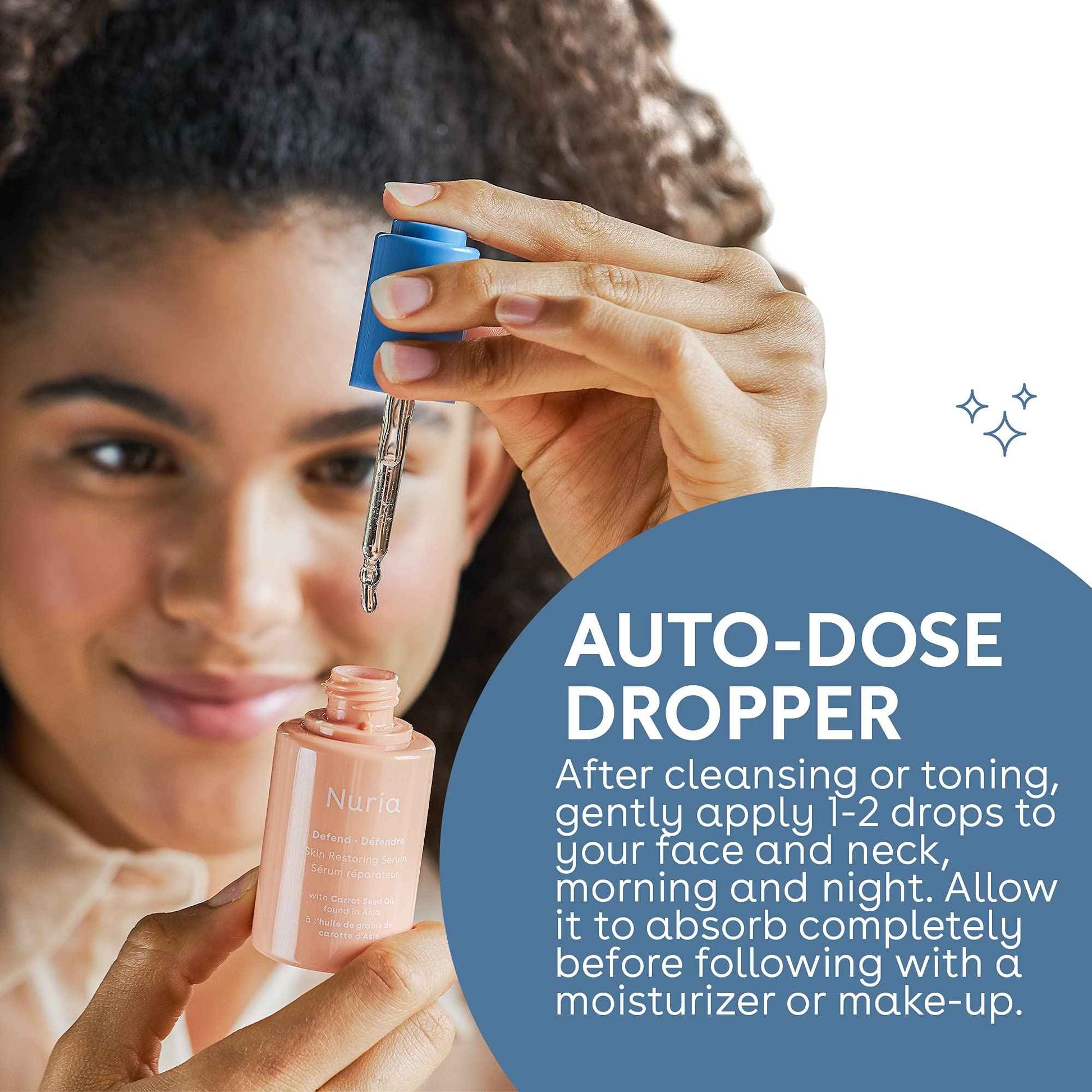 Nuria - Defend Skin Restoring Serum, Antioxidant Serum for All Skin Types, Skin Care Serum with Carrot Seed Oil, Rooibos Red Tea, and Sodium Hyaluronate, 25mL/0.8 fl oz