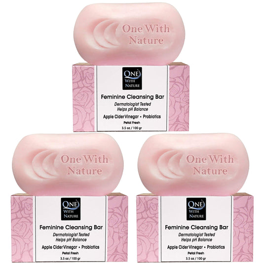 One With Nature Feminine Cleansing Bar, Petal Fresh, Probiotics, Apple Cider Vinegar, Omega Fatty Acids, Oatmeal, Pure, Gentle Cleansing Bar for Sensitive Skin, Face, Body, 3.5 Oz (Pack of 3)