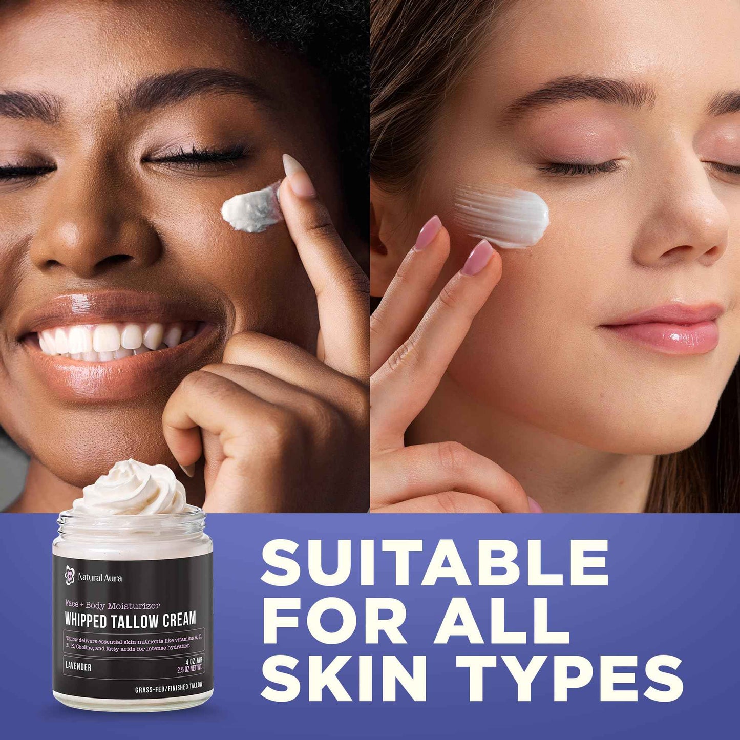 Whipped Beef Tallow for Skin - Face + Body Moisturizer, 100% Grass Fed Grass Finished Tallow and Honey Balm for Dry Skin - Natural Lotion - Free of Harsh Chemicals - 4oz, (Lavender)