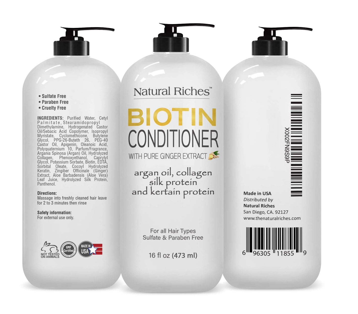 Natural Riches Biotin Shampoo and Conditioner Set W/Ginger Turmeric Extract & Keratin for Hair follicle Hair Loss and Thinning Hair gives Fuller Thicker Hair Sulfate free 2X16 fl oz.