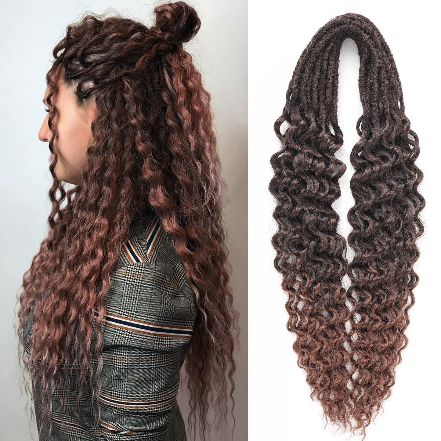 Leeven Wavy Dreadlock Extensions 24 Inch Ombre Brown Double Ended Synthetic Curly Dreads 10 Strands DE Boho Dread Extensions Braid in Handmade Hippie Dreads Thin Wool Dreads for Women Men