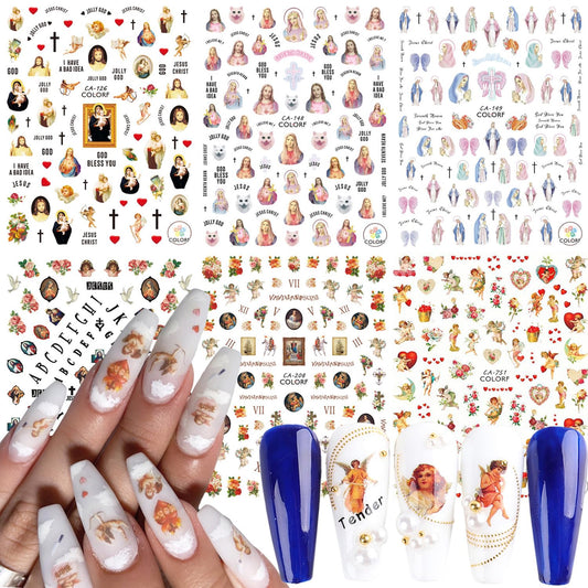 Angel Nail Art Stickers, God Jesus Christ Virgin Maria Love Cupid Flowers Nail Art Decals, 3D Self-Adhesive Sticker Design for Women Girls Manicure Decoration Acrylic Nails Decal Supplies (6 Sheets)