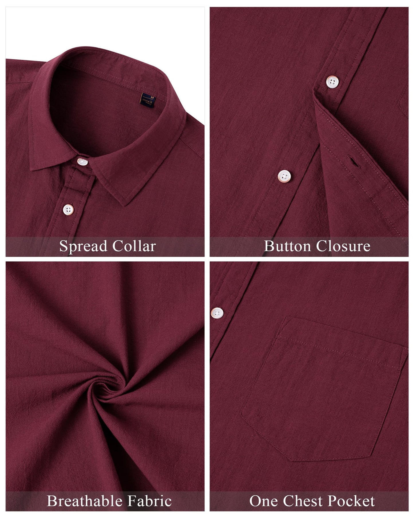 J.VER Men's Casual Button Up Linen Shirt Solid Short Sleeve Work Shirt Loose Fit Vacation Tees with Pocket Burgundy Medium