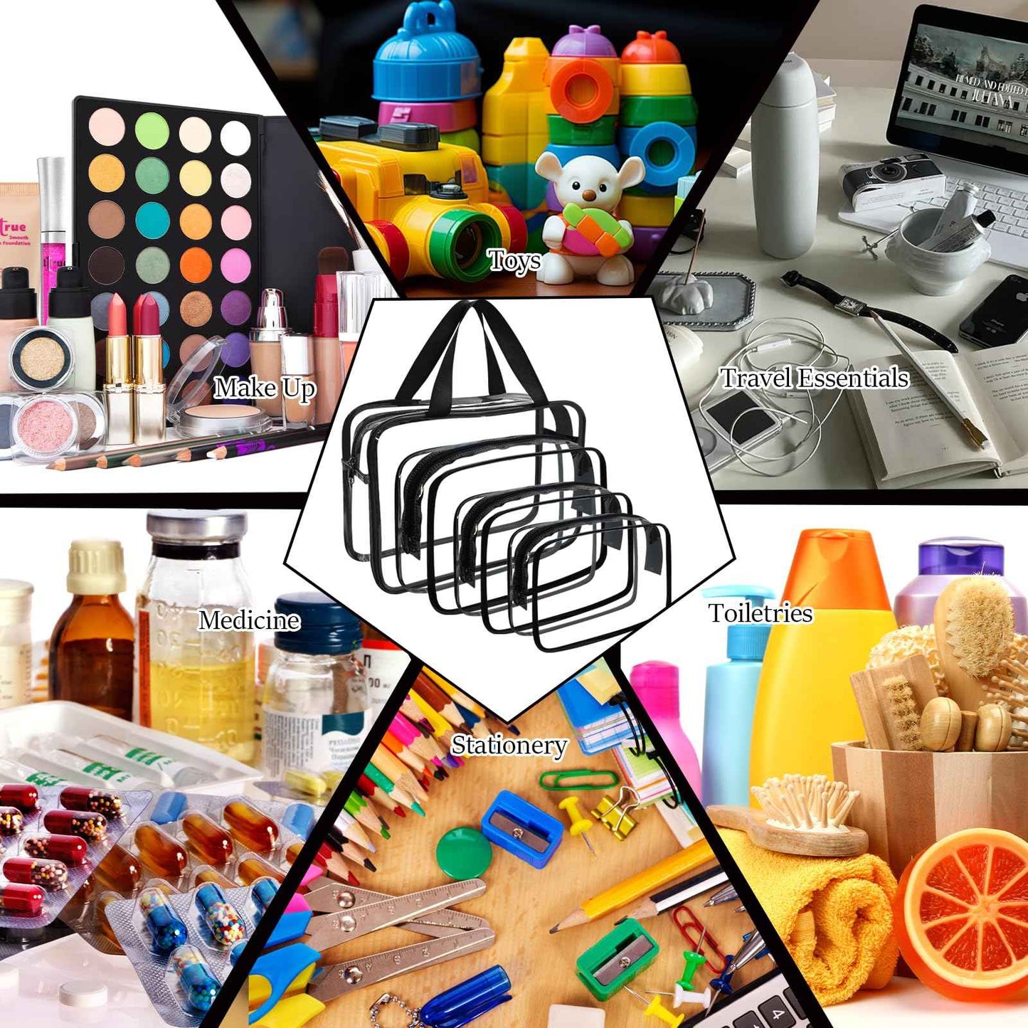 YOQIVEXU 4 Packs Large Clear Comestic Bag, Waterproof Clear Makeup Toiletry Organizer Pouch, Reusable PVC Plastic Storage Bags with Zipper for Travel (4, Black)