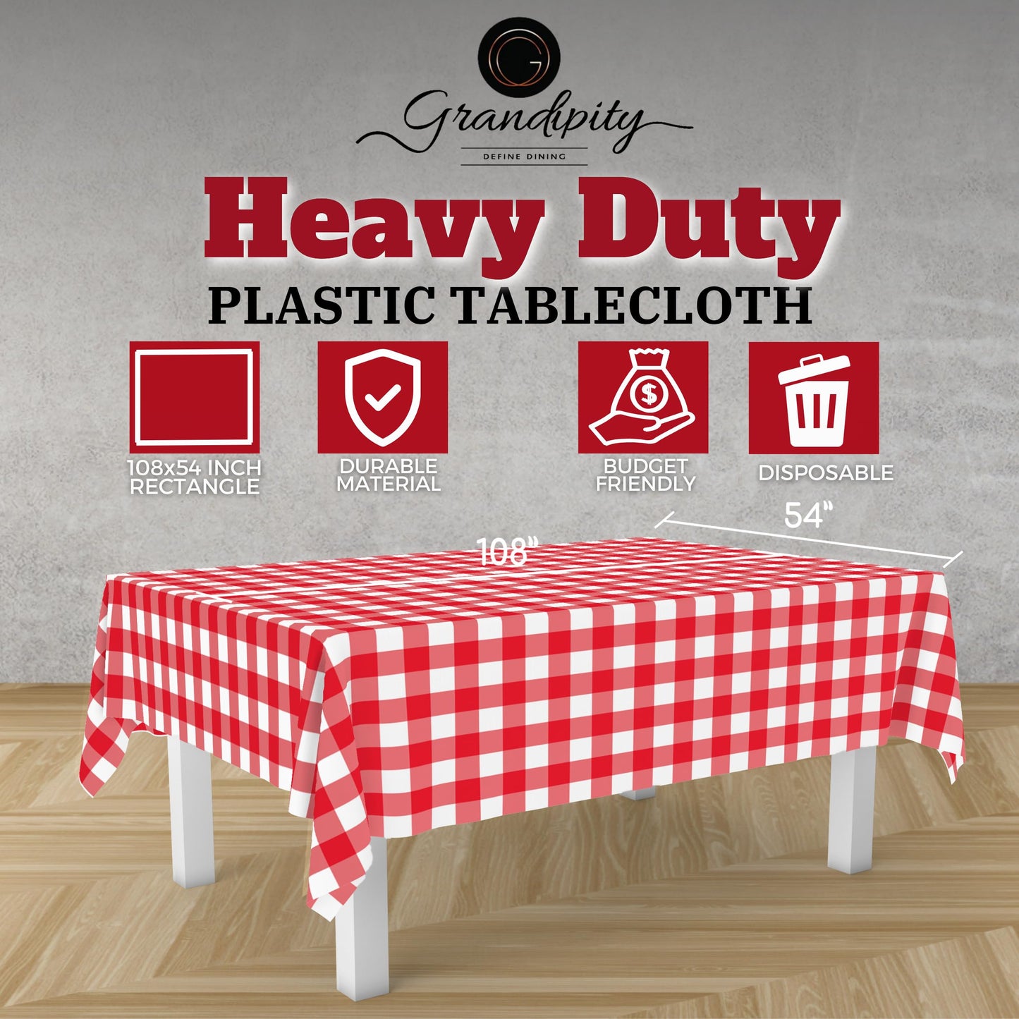 Grandipity Red Gingham Checkered 12 Pack Premium Disposable Plastic Picnic Tablecloth 54 Inch. x 108 Inch. Decorative Rectangle Table Cover