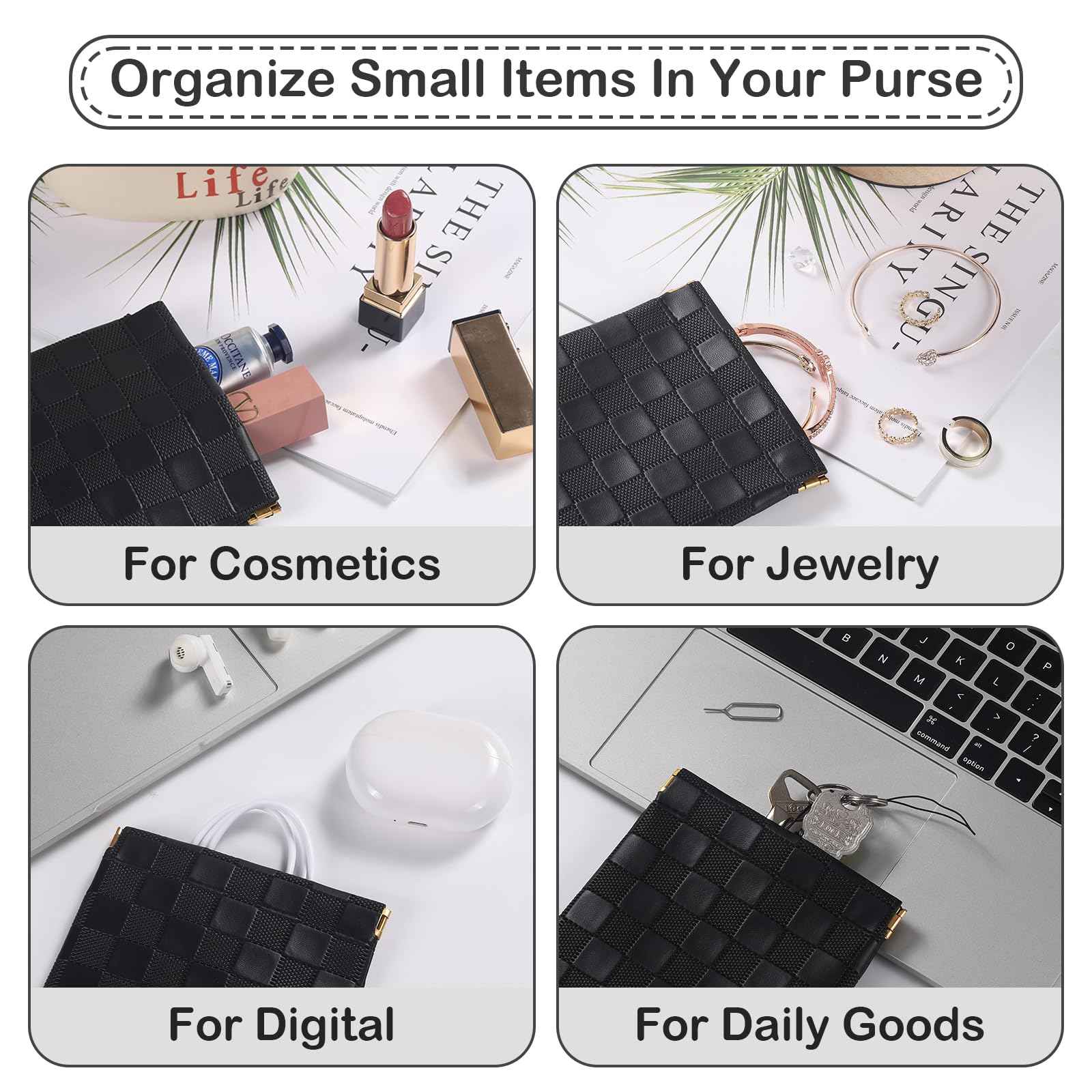 Sightor 2PCS Small Makeup Bag for Purse, Mini Cosmetic Bag Waterproof Pouch for Women, Checkered Purse Self-closing Small Travel Kit Coin Lipstick Cosmetic Storage Bag (Black, Beige)