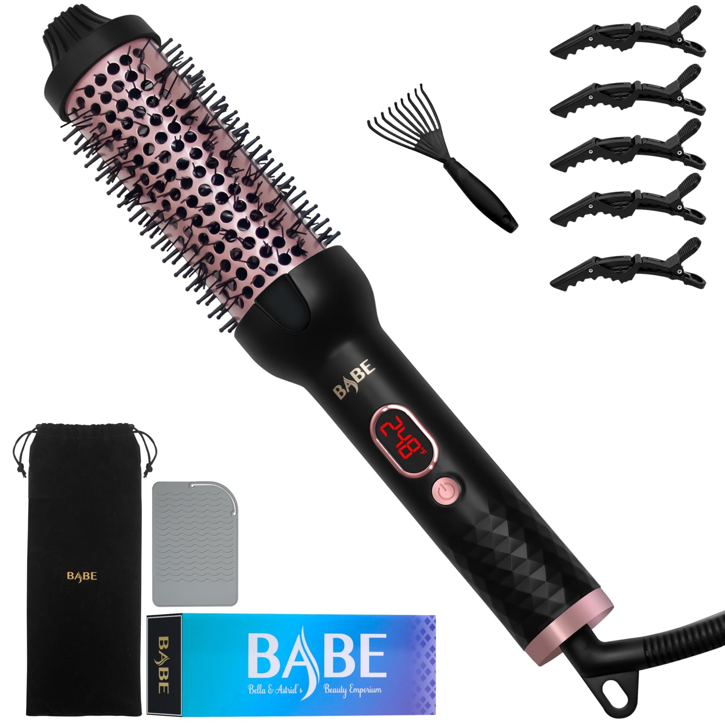 Babe Ceramic Thermal Brush with 10 Temperature Settings, 30s Fast Heated Round Brush for Blow Out Look Quick & Easy to Use with Dual Voltage