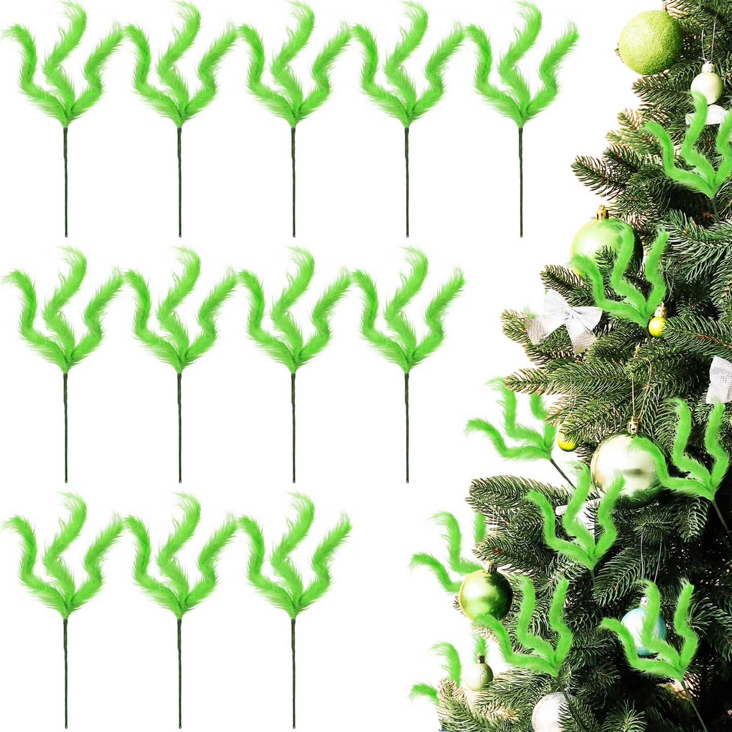 Gerrii 12 Pcs Green Furry Christmas Picks 16" Furry Spiral Curly Sprays Elf Ornaments Stems for Christmas Tree Topper Filler Branches Home Office Holiday Party Decorations