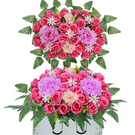 Lodou Artificial Cemetery Flower Saddles for Graves,Outdoor Grave Saddle Headstone Decorations,Artificial Rose Bouquet Grave Memorial Flowers for Grave Decorations (Dark Pink Rose, Saddle)