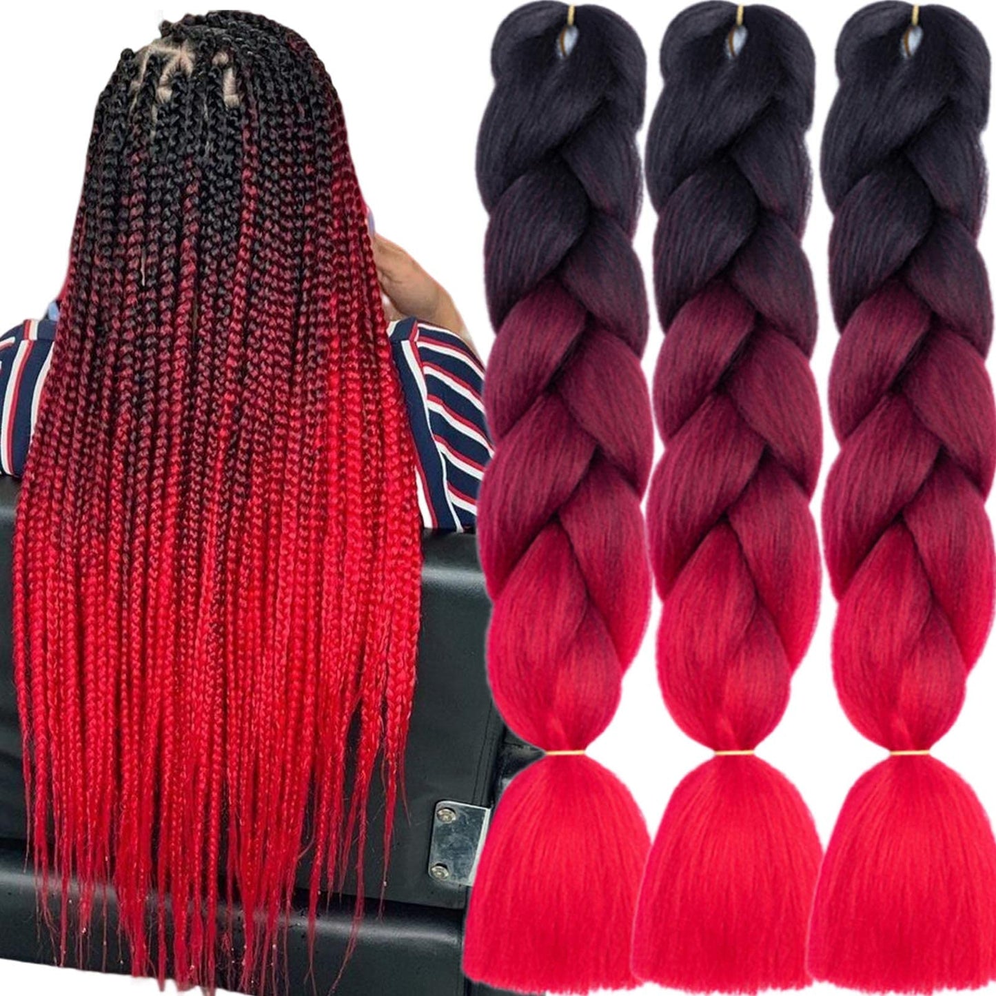 TENGSHUO FLY Black to Deep Red to Red Braiding Hair 3 Packs Synthetic Braid Hair Extensions Jumbo Ombre Braiding Hair 24 Inch or Box Braids Twist Crochet Braids(24"3Pack,Black to Deep Red to Red)