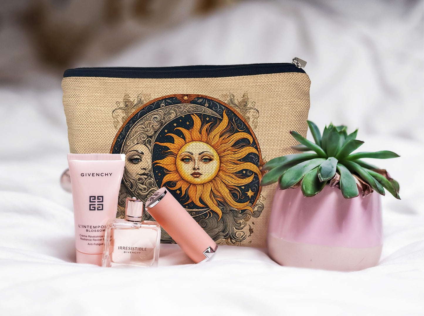 Ayxvt Boho Makeup Bag, Sun and Moon Makeup Bag, Hippie Flower Pouch Floral Cosmetic Bag, Boho Gifts for Women Teen Girls (Boho Sun Moon)