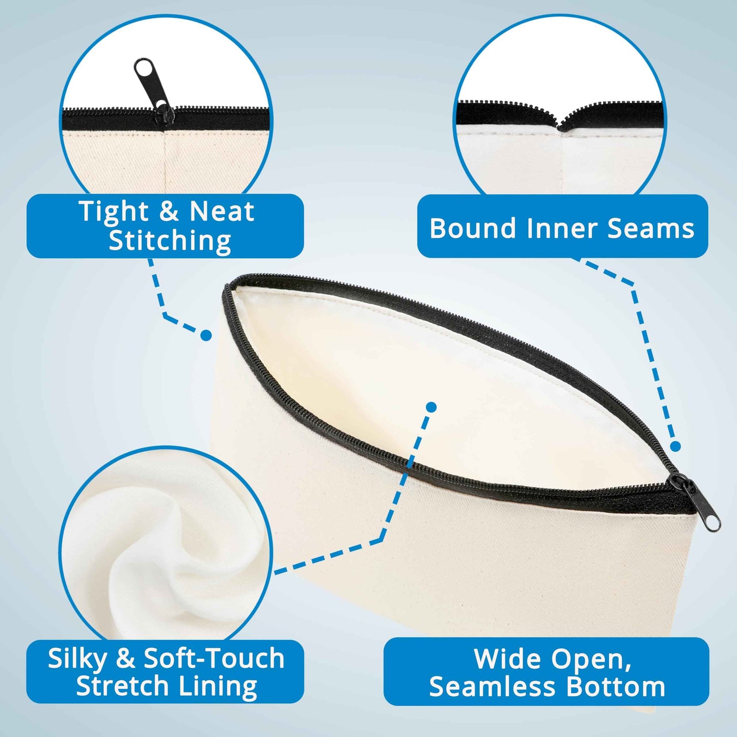 Phicorn Small Canvas Zipper Pouch – 6-Pack (8" x 4.2") Blank Natural Cotton Bags with White Lining for DIY Crafts, Makeup, Travel & Everyday Organizing