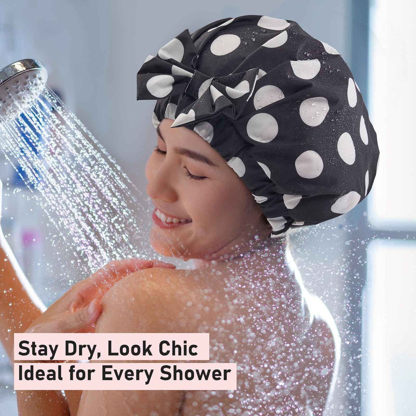 LitBear Luxury Silk Lined Shower Caps for Women Reusable Waterproof, Double Layered Large Bathing Hair Cap with Adjustable Elastic Strap, Non-slip, Quick-dry, for Long Short Hair, Black Dots