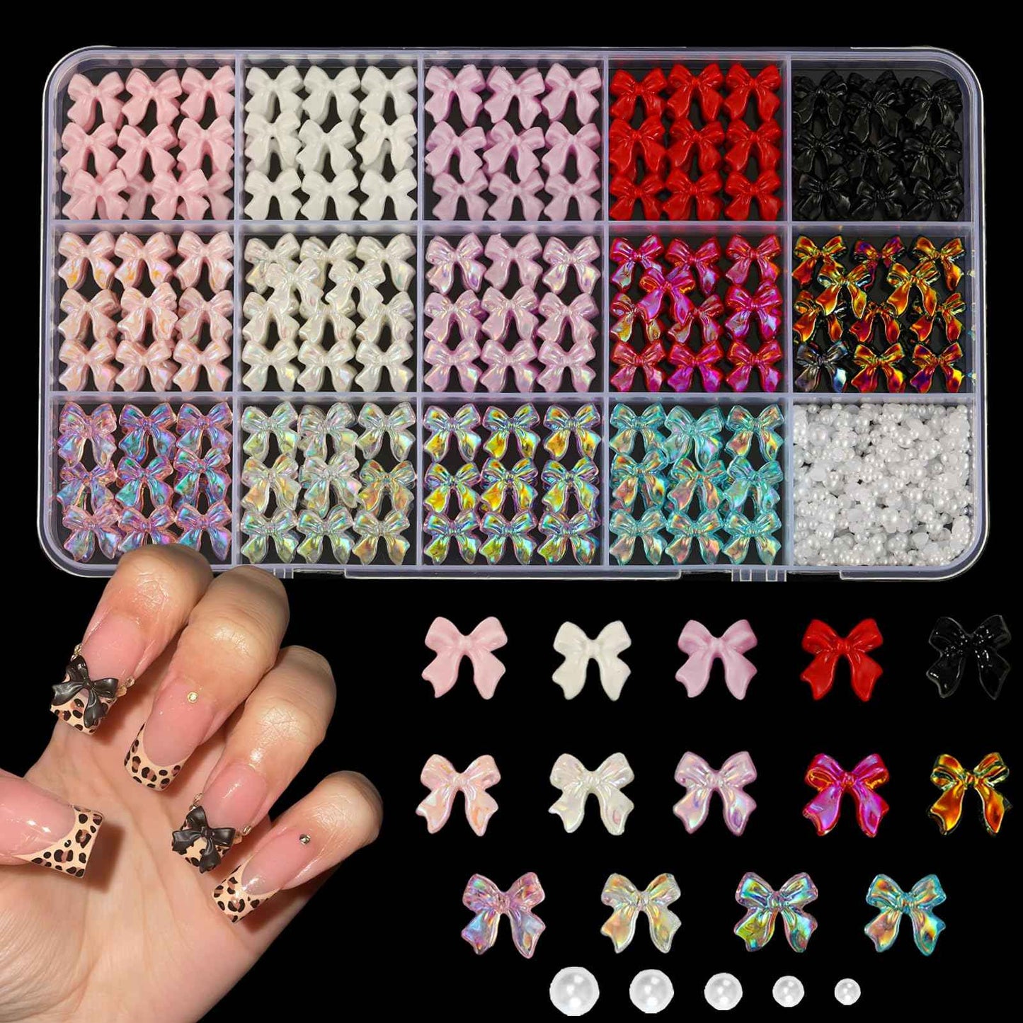 ZUMILLMN Bow Nail Charms, 6-Color 3D Nail Charms Bulk and Half Pearls for Nail Art Charms and Y2K Charms for Nails Design for Women Girl DIY Jewelry Cellphone Crafts