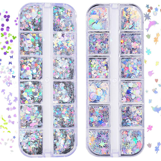 24 Boxes Holographic Nail Sequins, Iridescent Mermaid Flakes Butterfly Heart Ultra-thin Colorful Glitter Sticker for Nail Art Decoration, Paillette Cosmetic Festival Glitter Craft Face Hair Decor (14)