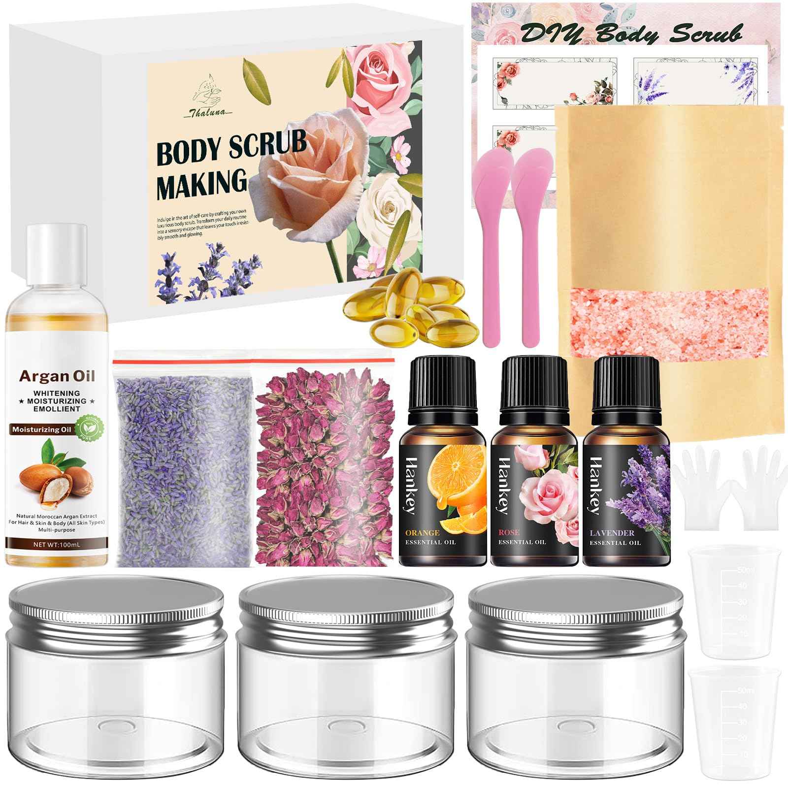 THALUNA Body Scrub Making Kit, Salt DIY Body Scrub Kit to Make Your Own Spa Kit with Pink Salt, Argan Oil, Essential Oils, Moisturizing Gentle Exfoliating Bath Sets for Women Gift Christmas Gift Girls