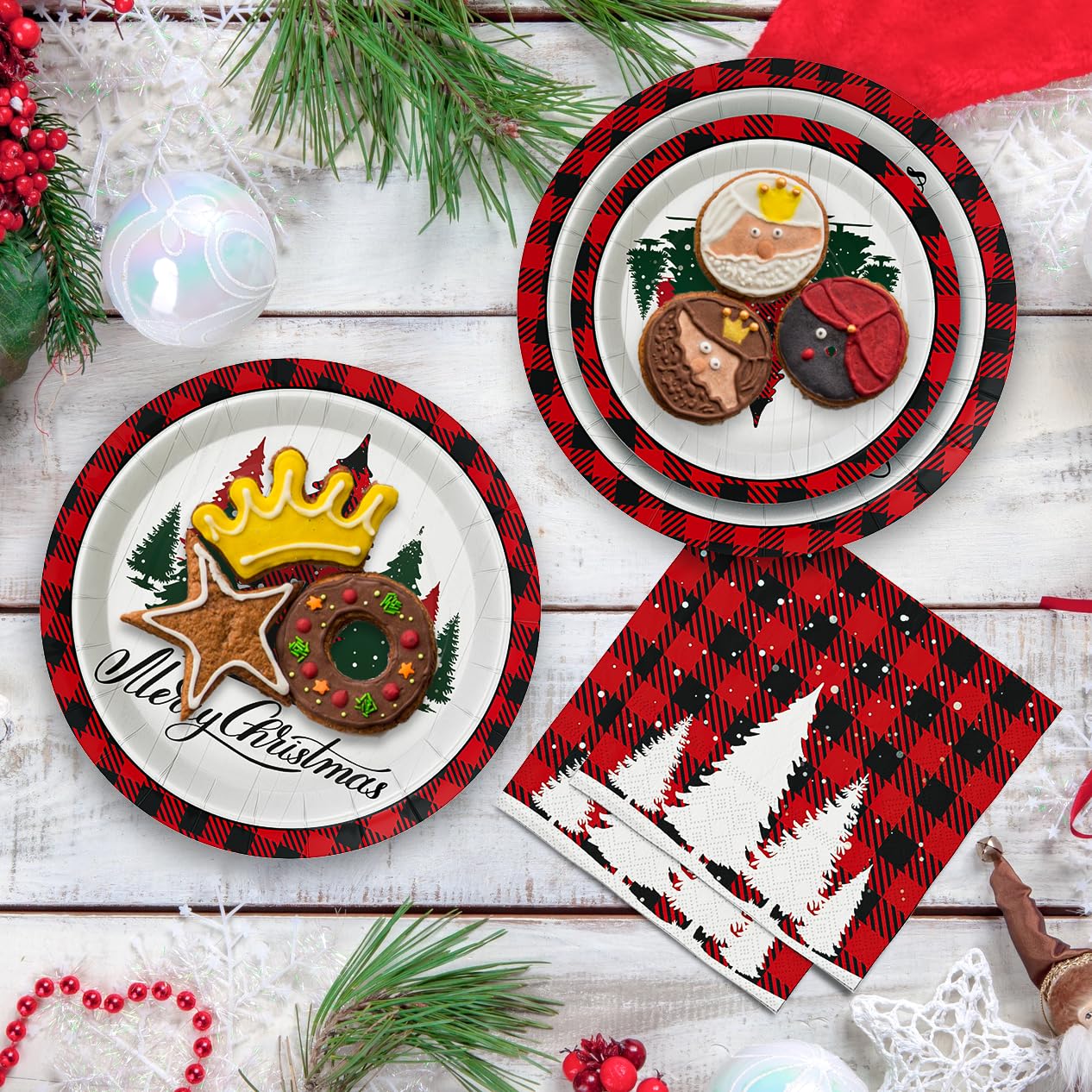 Homlouue 200 Pcs Christmas Paper Plates and Napkins, Christmas Tree Red and White Plates and Napkins Disposable, Christmas Dinner Plates and Napkins Serve 50 Guest, Christmas Party Table Decorations