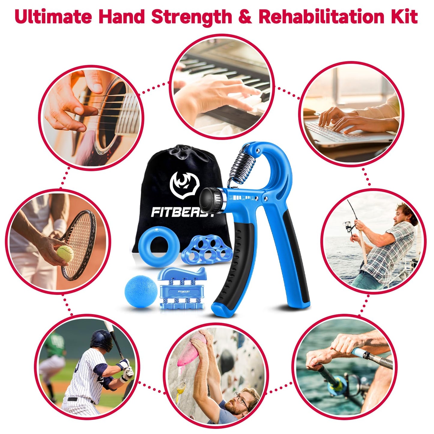 Hand Grip Strengthener Workout Kit (5 Pack) FitBeast Forearm Grip Adjustable Resistance Hand Gripper, Finger Exerciser, Finger Stretcher, Grip Ring & Stress Relief Grip Ball for Athletes (Light Blue)