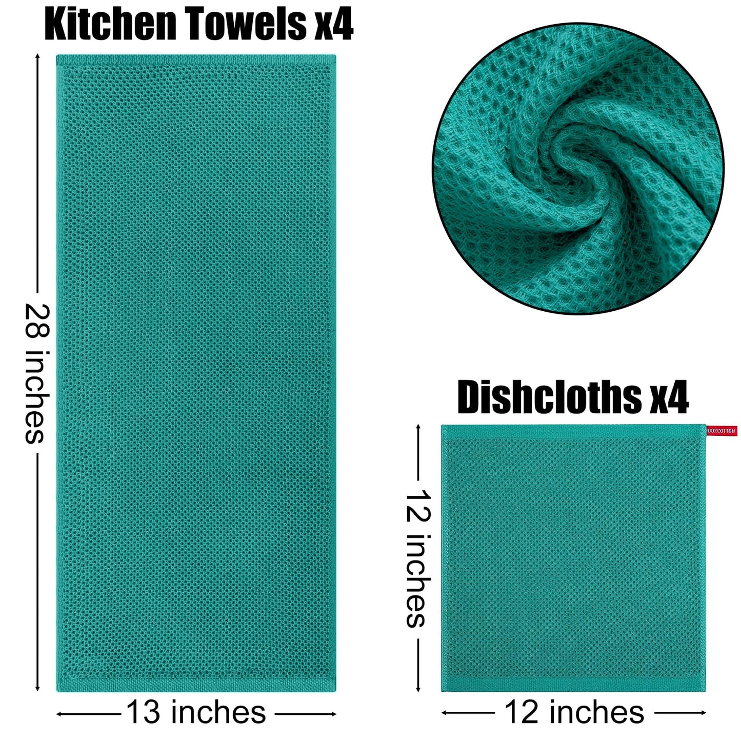 Kitinjoy 100% Cotton Kitchen Towels and Dishcloths Set, 8 Pack Waffle Weave Dish Towels Ultra Soft Absorbent Quick Drying Dish Rags, 13 x 28 Inch and 12 X 12 Inch, Teal