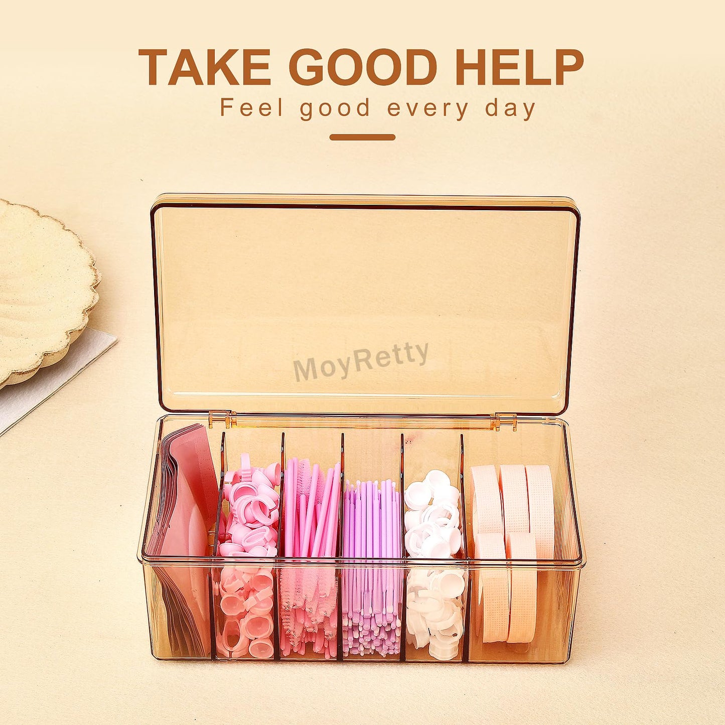 MoyRetty Acrylic Lash Extension Organizer, Large Capacity Eyelash Extension Supplies Storage Container Box, Neatly Store and Organize Your Lash Supplies (Amber)