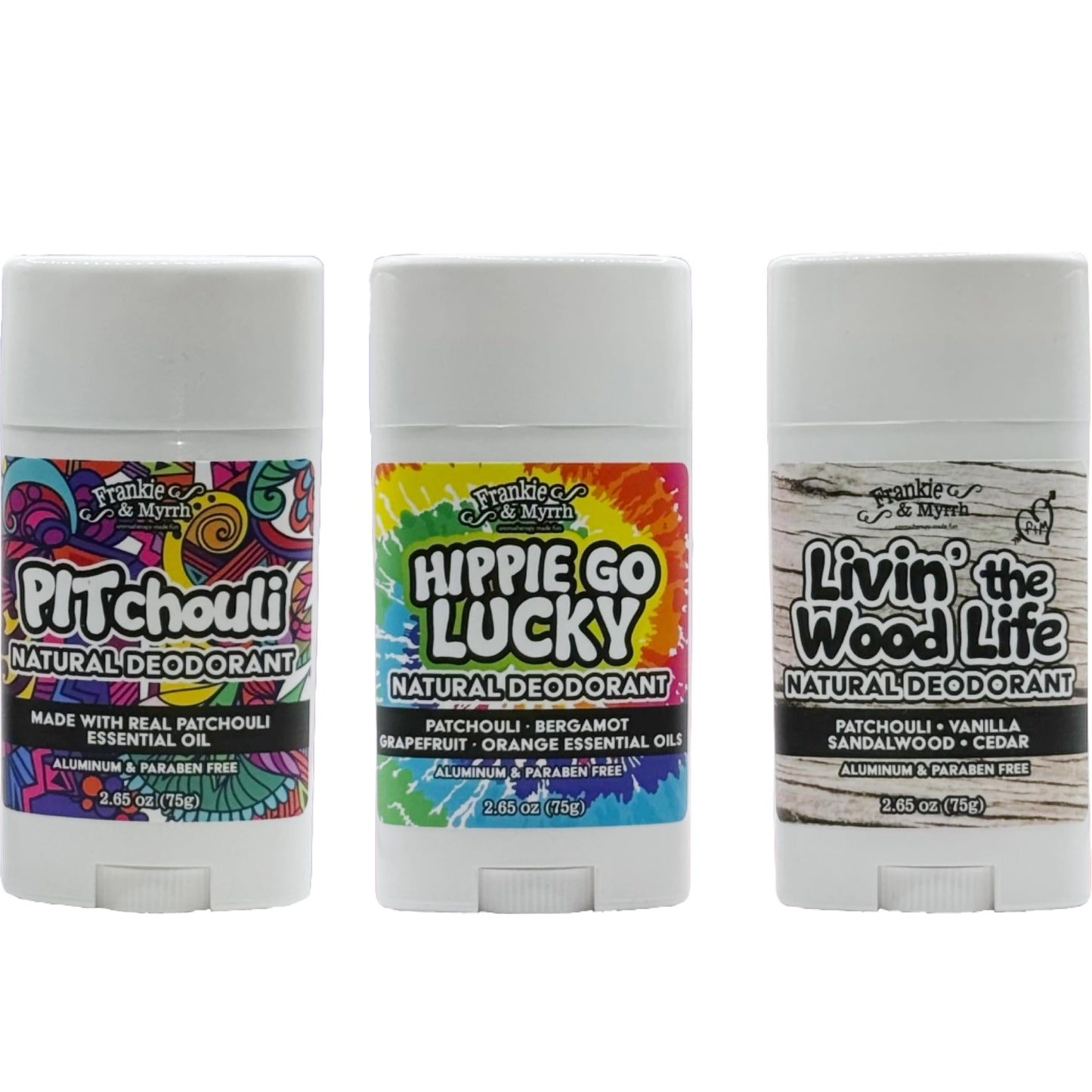 Frankie & Myrrh Natural Deodorant Patchouli Trio | Pitchouli, Livin' the Wood Life, Hippie Go Lucky