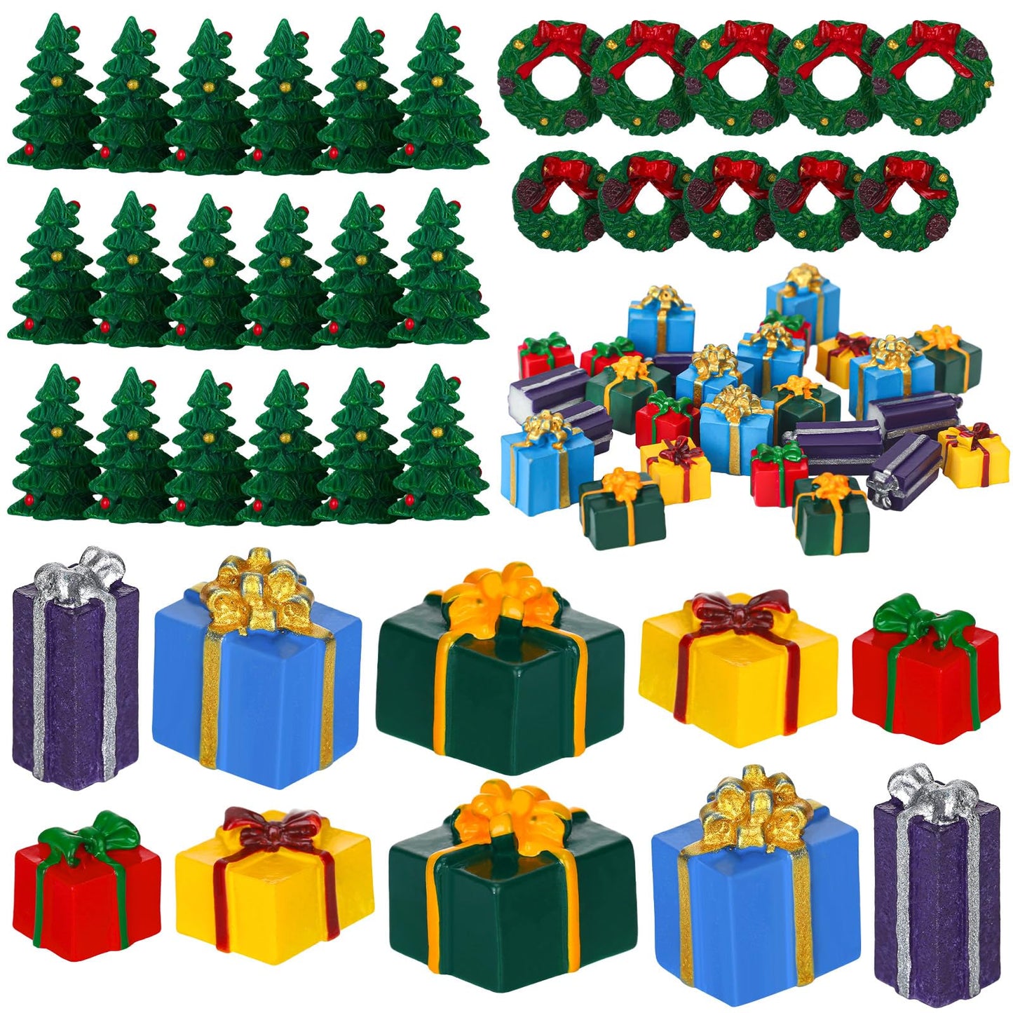 Poen 120 Pcs Christmas Miniature Ornaments Kit 50 Mini Christmas Trees Ornament 50 Christmas Resin Miniature Gift Box and 20 Mini Green Christmas Wreaths Decorations for DIY Christmas Crafts