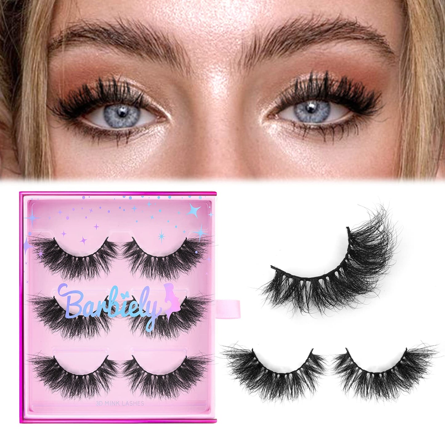 Barbiely 20MM Mink Eyelashes, 3 Pairs 3D Mink Lashes, False Eyelashes Natural Look, Super Fluffy Full Strip Lashes Caat-Eye Mink Lashes, 100% Handmade & Cruelty-Free Fluffy Volume Wispy Lashes(VIP)