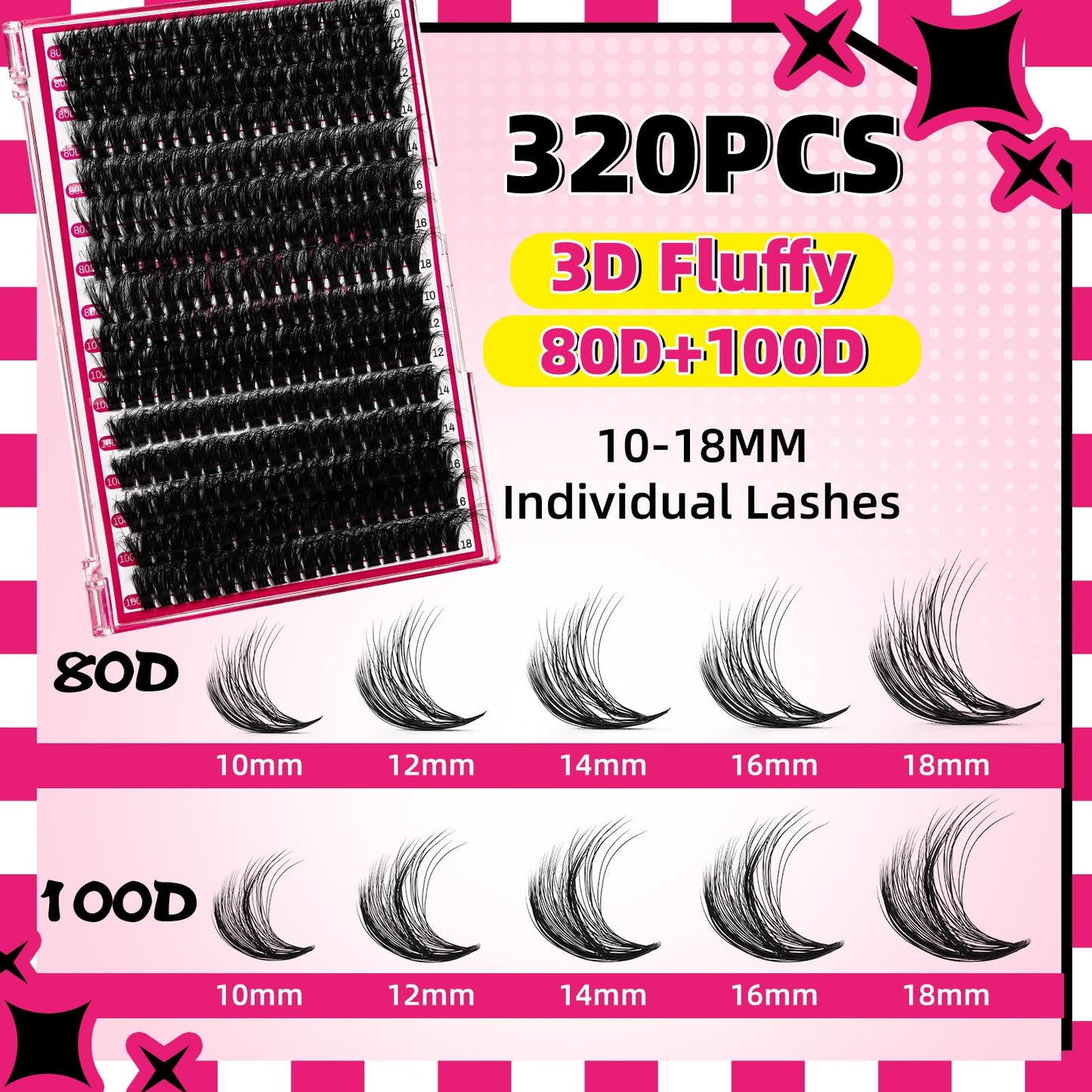 Lash Extension Kit Lash Clusters Kit 320 Pcs 3D Soft Individual Lashes with Lash Bond and Seal Lash Tweezers Eyelash Remover DIY Eyelash Extension(80D+100D,D-10-18mix Kit)