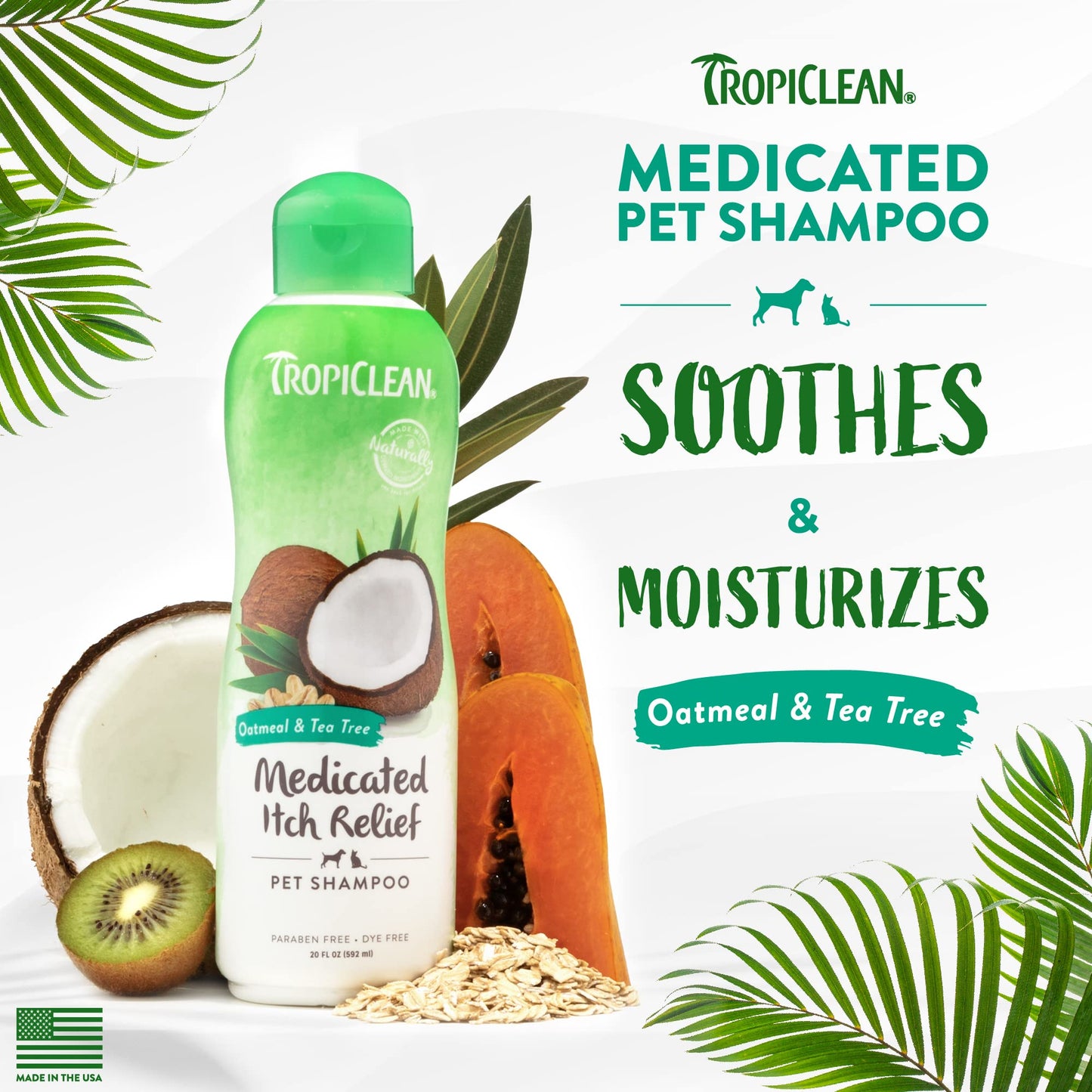 TropiClean Medicated Dog Shampoo for Allergies & Itching | Tea Tree & Oatmeal Shampoo for Sensitive Skin | Natural Pet Shampoo | Made in USA | 20 oz