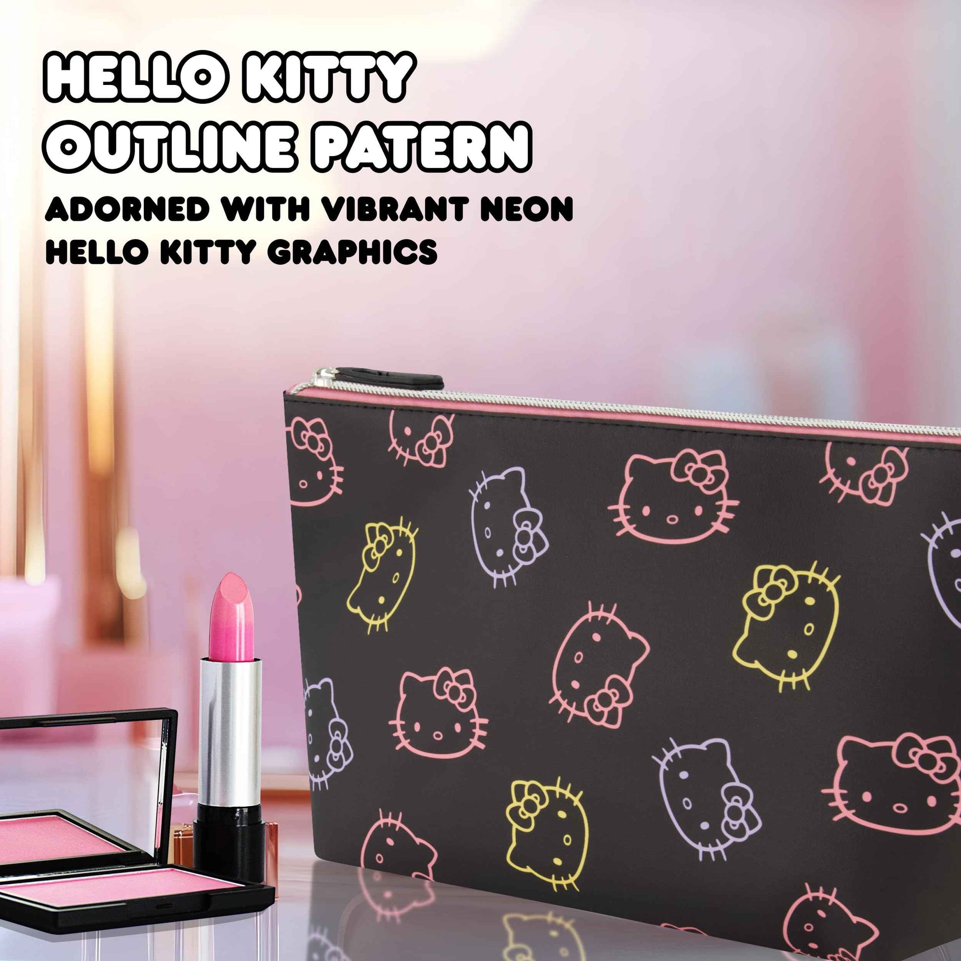 Concept One Hello Kitty Travel Makeup Bag, Trapezoid Cosmetic Organizer Pouch for Women, Black