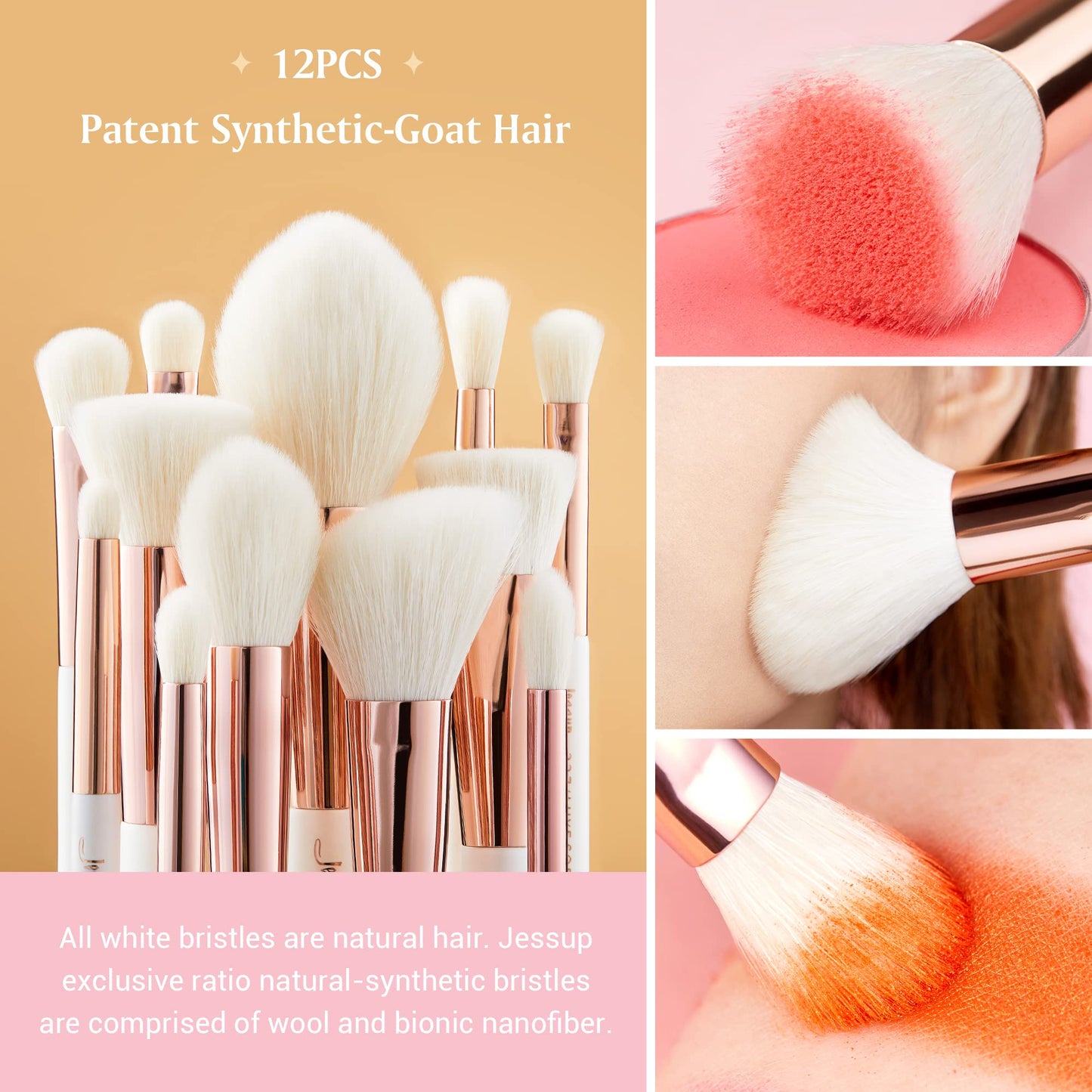 Jessup Brand 25pcs Professional Makeup Brush set Beauty Cosmetic Foundation Power Blushes eyelashes Lipstick Natural-Synthetic Hair Brushes set (Pearl White/Rose Gold)