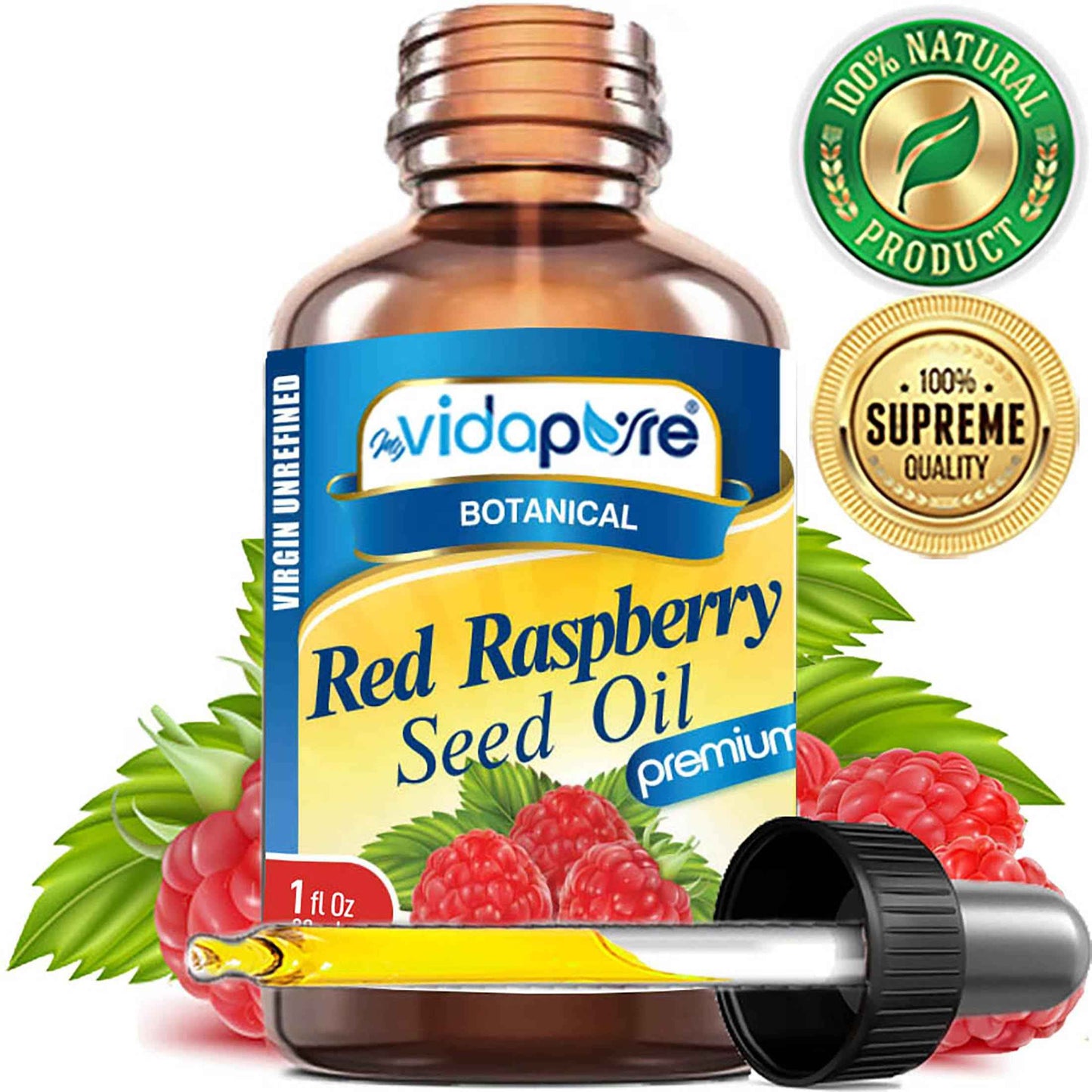 MYVIDAPURE RED RASPBERRY SEED OIL Rubus idaeus WILD GROWTH RAW 100% Pure VIRGIN UNREFINED Undiluted for Skin, Face, Hair, Lip and Nail Care. (1 Fl Oz)