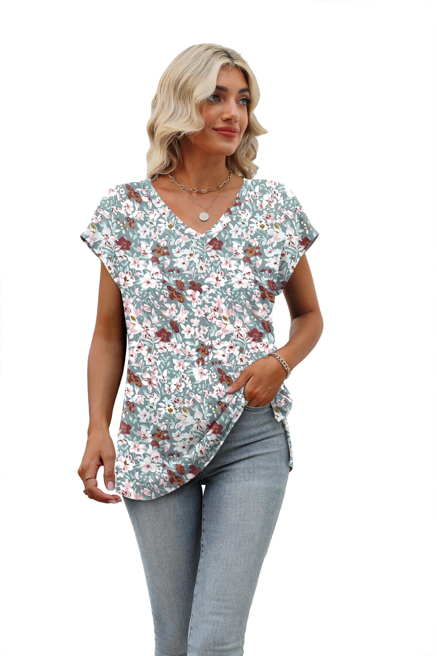 Womens Floral Print Tops Casual Summer Short Sleeve V Neck Shirts for Women Trendy Outfits Print Green Floral S