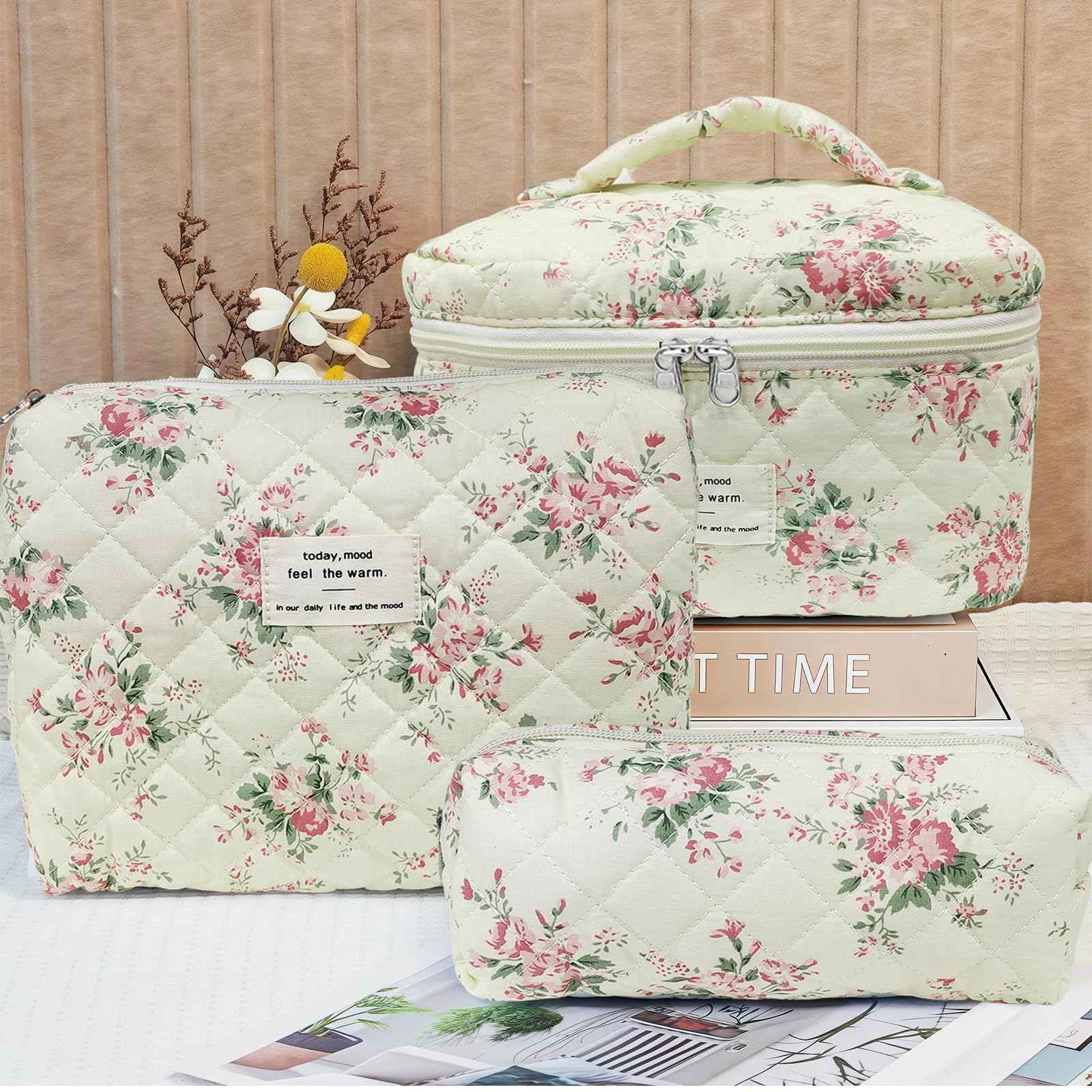 Quilted Makeup Bag, Large Capacity Travel Cosmetic Bag for Women and Girls, Aesthetic Storage, Suitable for Daily and Travel Use (3pcs-PinkRose)