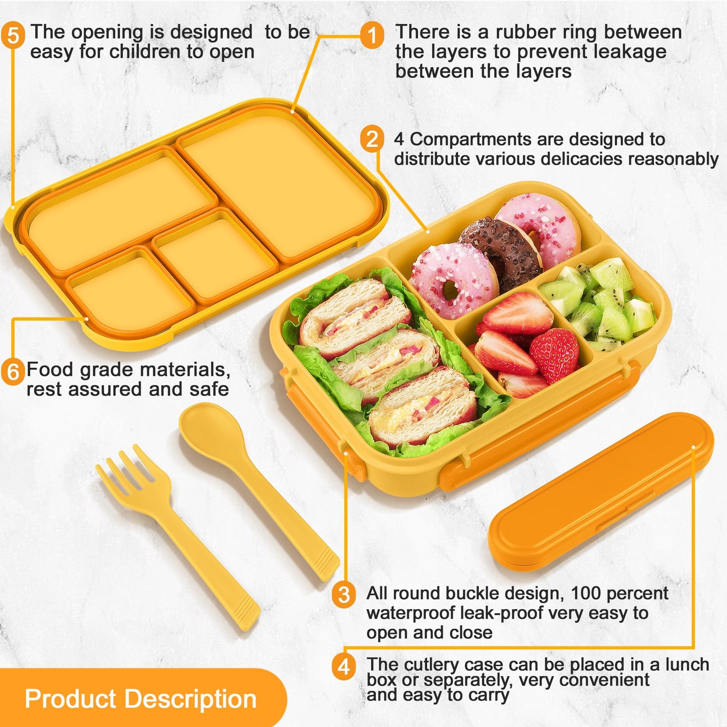 Amathley Lunch Box Kids,Bento Box Adult,Leakproof Lunch Containers for Adults/Kids/Toddler,1200ML-4 Compartments bento Lunch box with Utensil,Microwave & Dishwasher & Freezer Safe (Yellow)