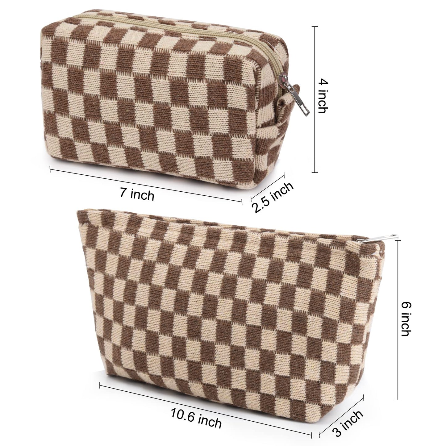 SOIDRAM 2 Pieces Makeup Bag Large Checkered Cosmetic Bag Brown Capacity Canvas Travel Toiletry Bag Organizer Cute Makeup Brushes Aesthetic Accessories Storage Bag for Women