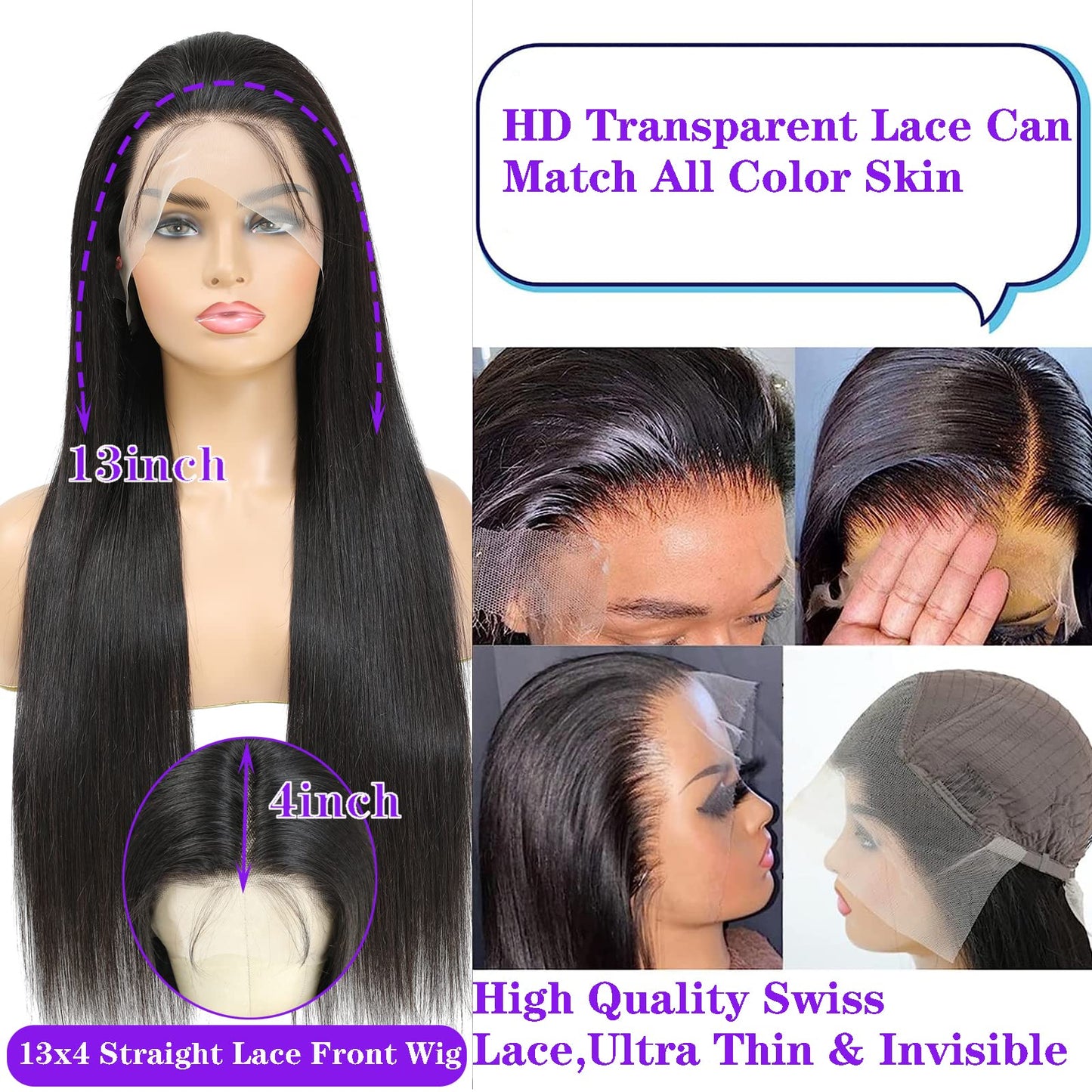 Straight Lace Front Wigs Human Hair 180% Density 13x4 HD Lace Front Wigs for Black Women 26inch Pre Plucked with Baby Hair Transparent Glueless Brazilian Straight Lace Frontal Wigs Natural HairLine