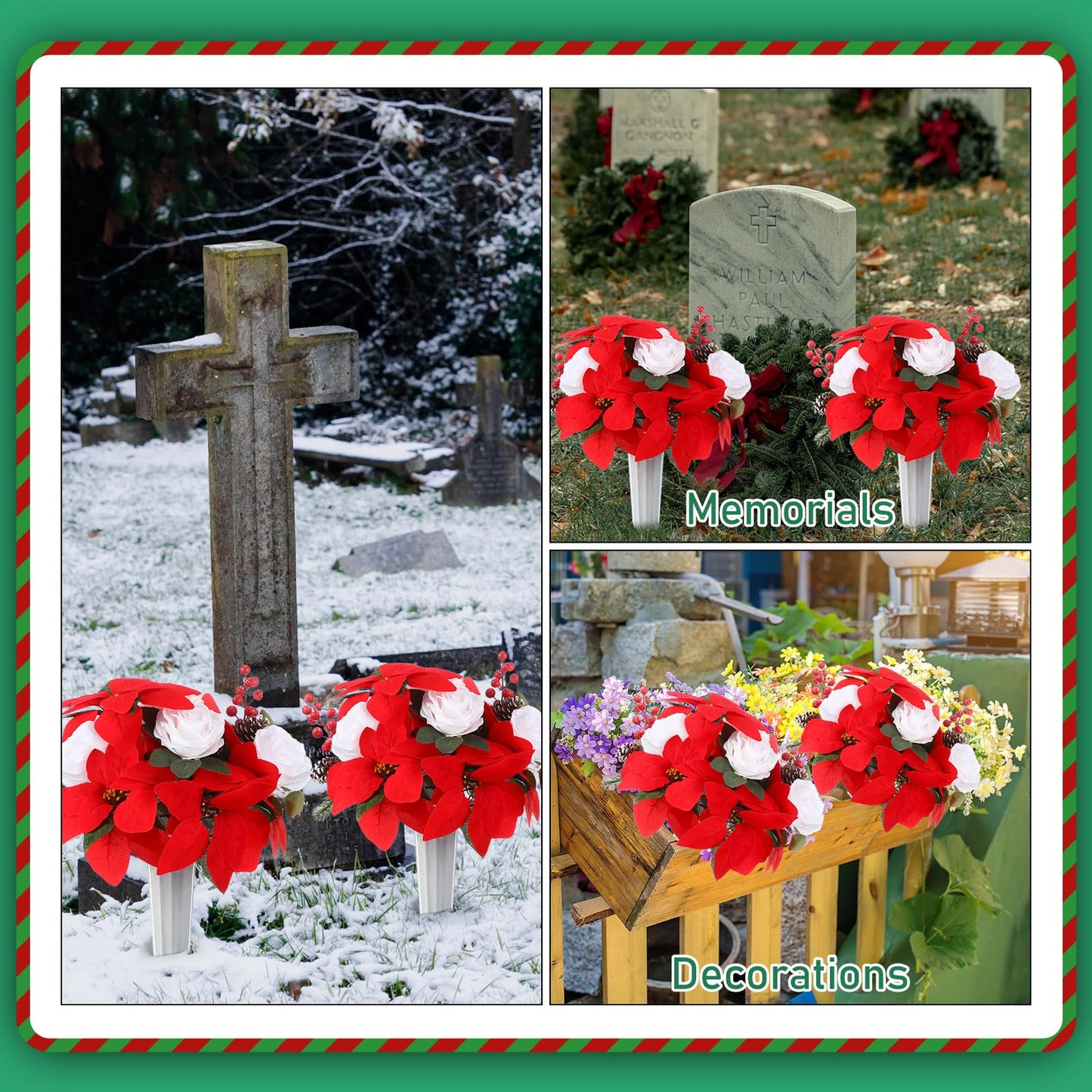 Yuxung 2 Pcs Artificial Christmas Cemetery Flowers with Vase Faux Memorial Flowers with Red Berries White Roses Poinsettia Cemetery Headstones Decoration Bouquet for Grave, Graveyard, Memorial Day