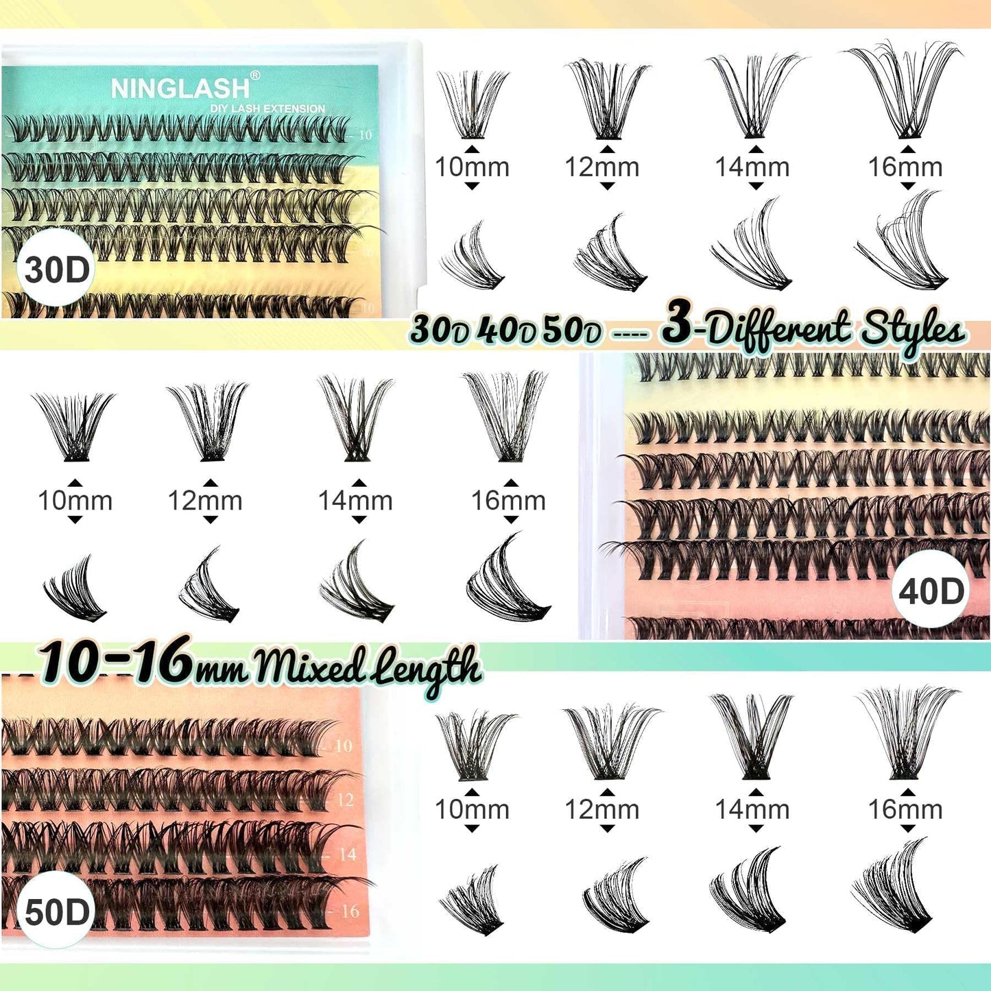 Lashes Clusters Ninglash D Curl NY14 DIY Eyelash Extension Soft Natural Lightweight 10/12/14/16mm Mix 96 Pcs Individual Lash Extensions Resuale Eyelash Cluster Lashes for Home use