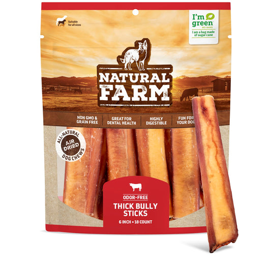 Natural Farm Odor-Free Thick Bully Sticks (6”, 18-pack) ALL-NATURAL Long-Lasting Dog Chews, 100% Beef Pizzle, Grass-Fed, Grain-Free, Protein for Muscle Development & Energy, Perfect For Medium Chewers