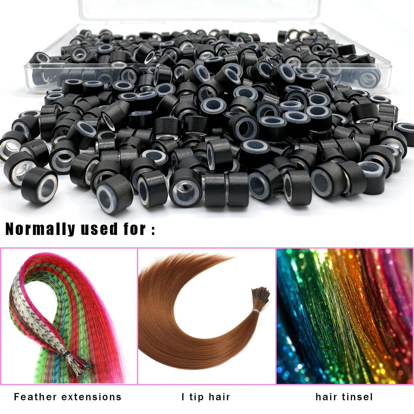 QIANSEE 500Pcs 5mm Blonde Silicone Hair Tinsel Beads and Micro Rings for Hair Extensions, Feather Hair Extensions Tools